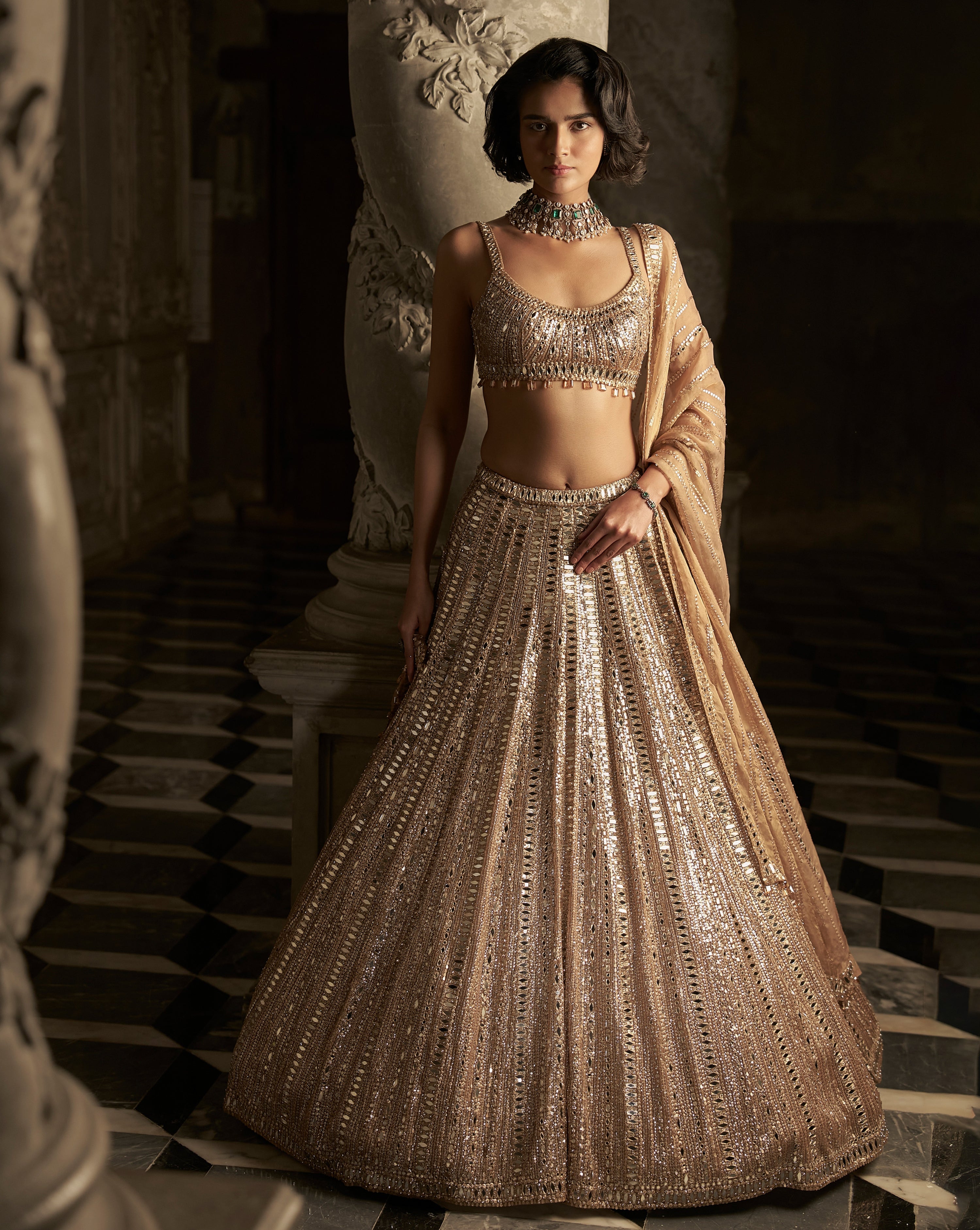 Gold Mirror Work Lehenga Set