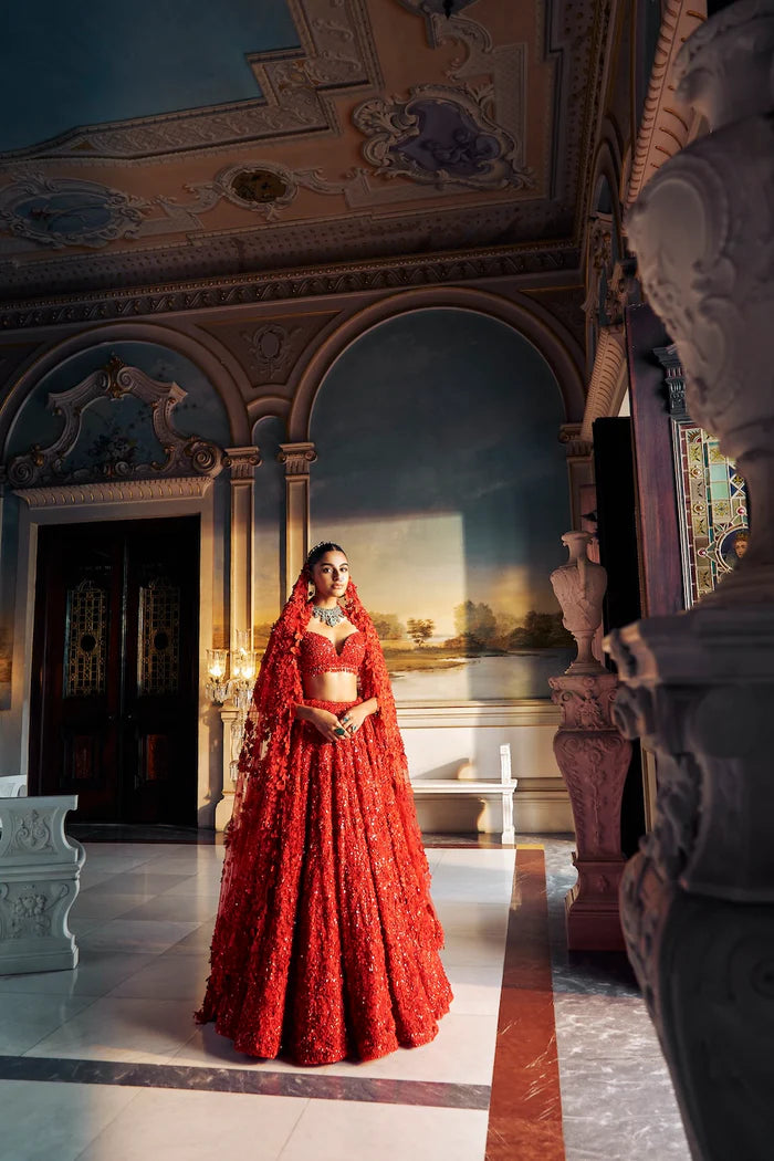 Red Three Dimensional Floral Lehenga Set