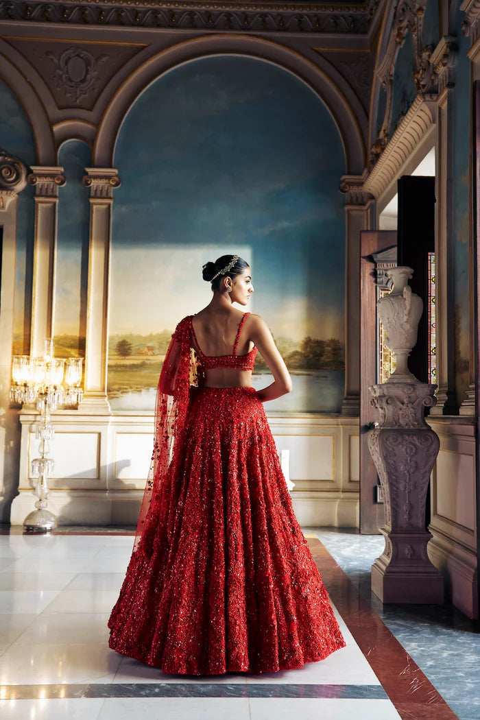 Red Three Dimensional Floral Lehenga Set