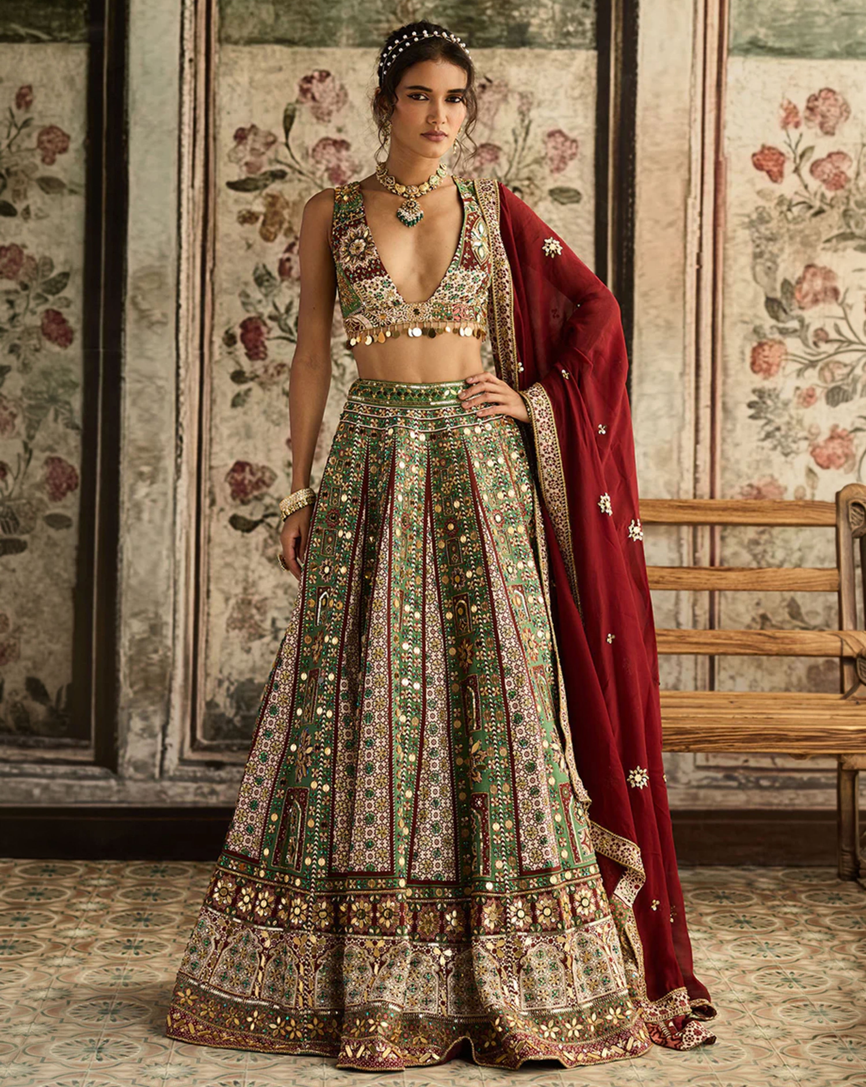 Sage-Maroon Print And Highlighted Lehenga Set - Ready to Ship