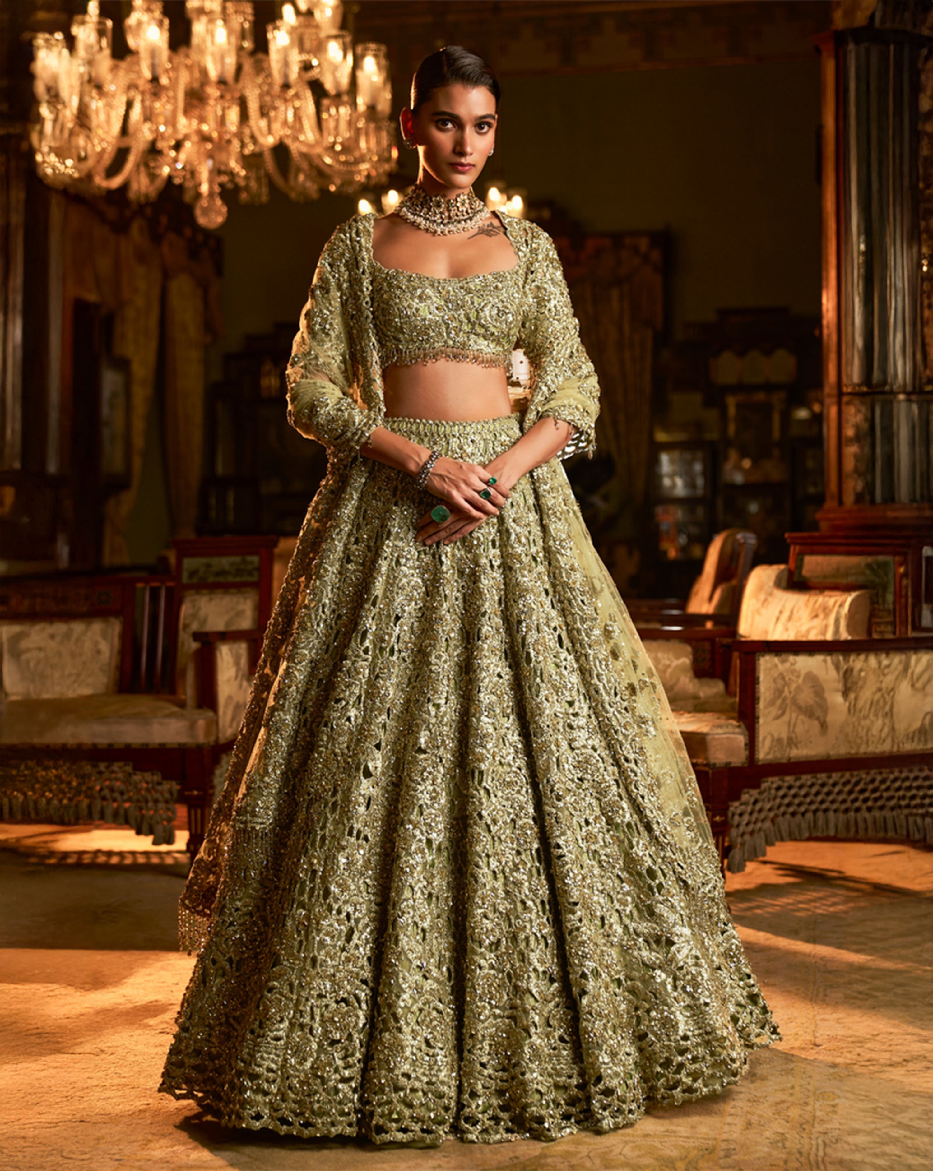 green lehenga dress Neon Green Brocade Lehenga Choli With Net Dupatta: Custom Bridal Wear