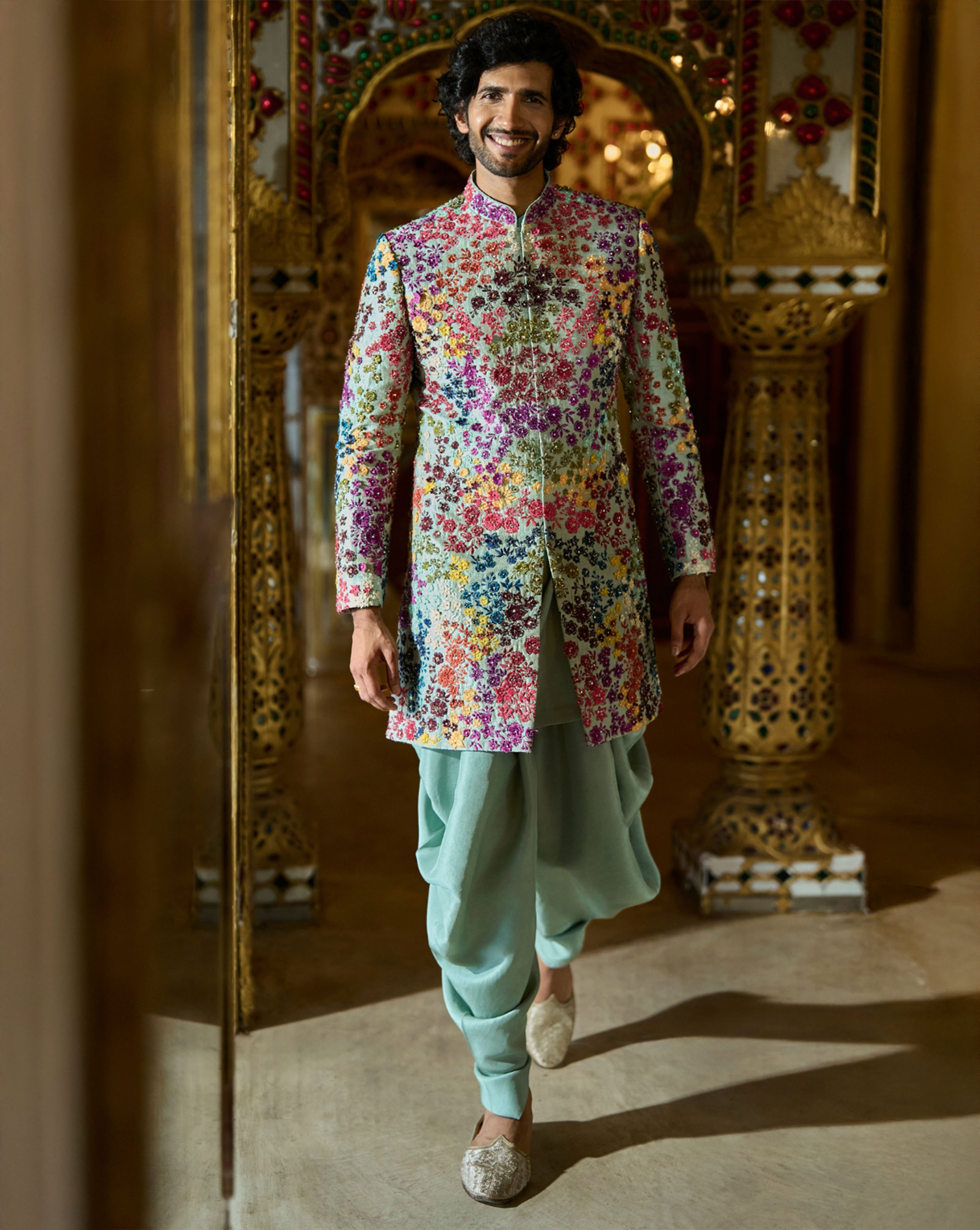 Sage Green Multi Coloured Three Dimensional Sherwani Set