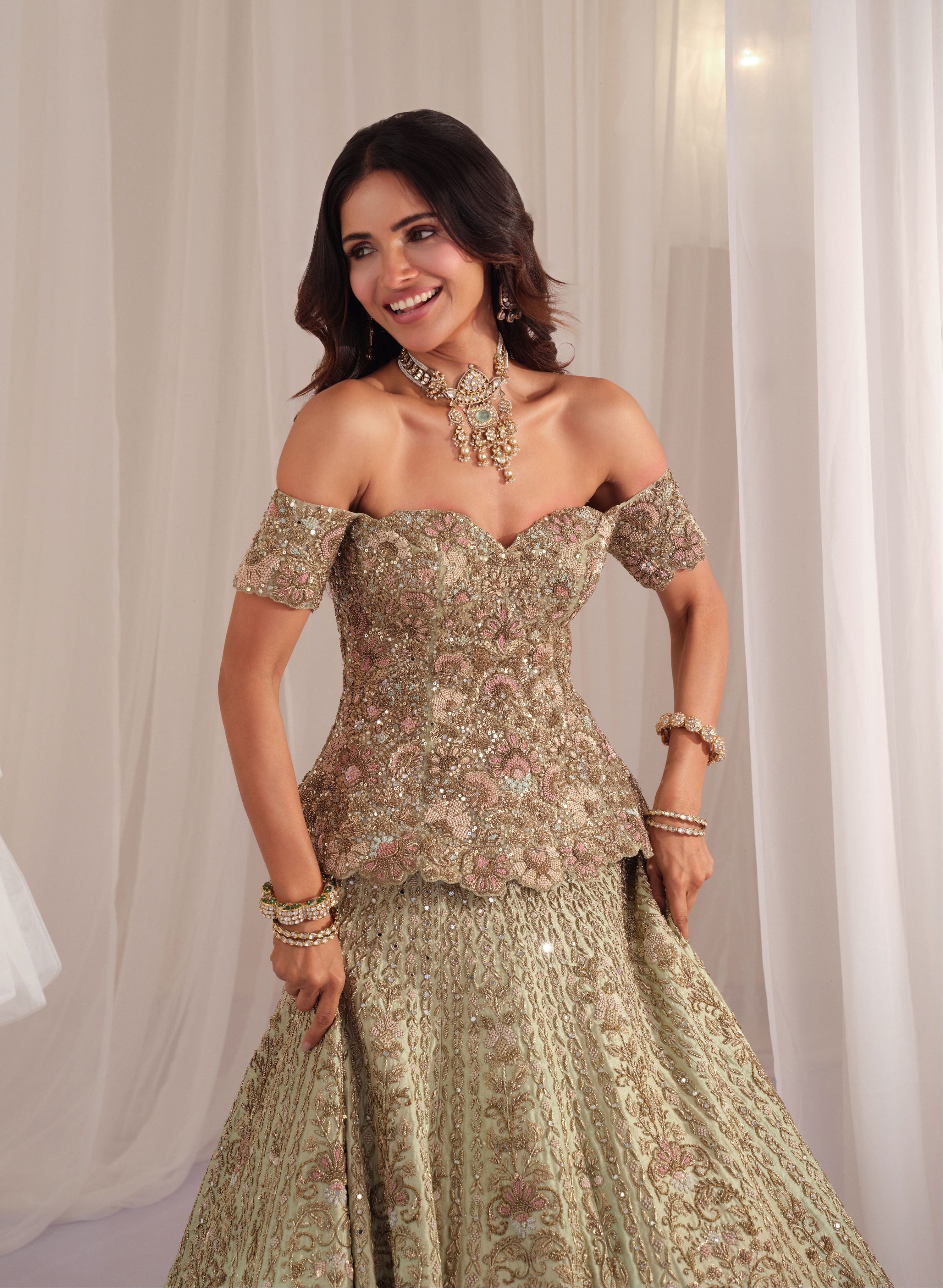 Sage Green Hand Embellished Peplum Corset with Lehenga & Dupatta