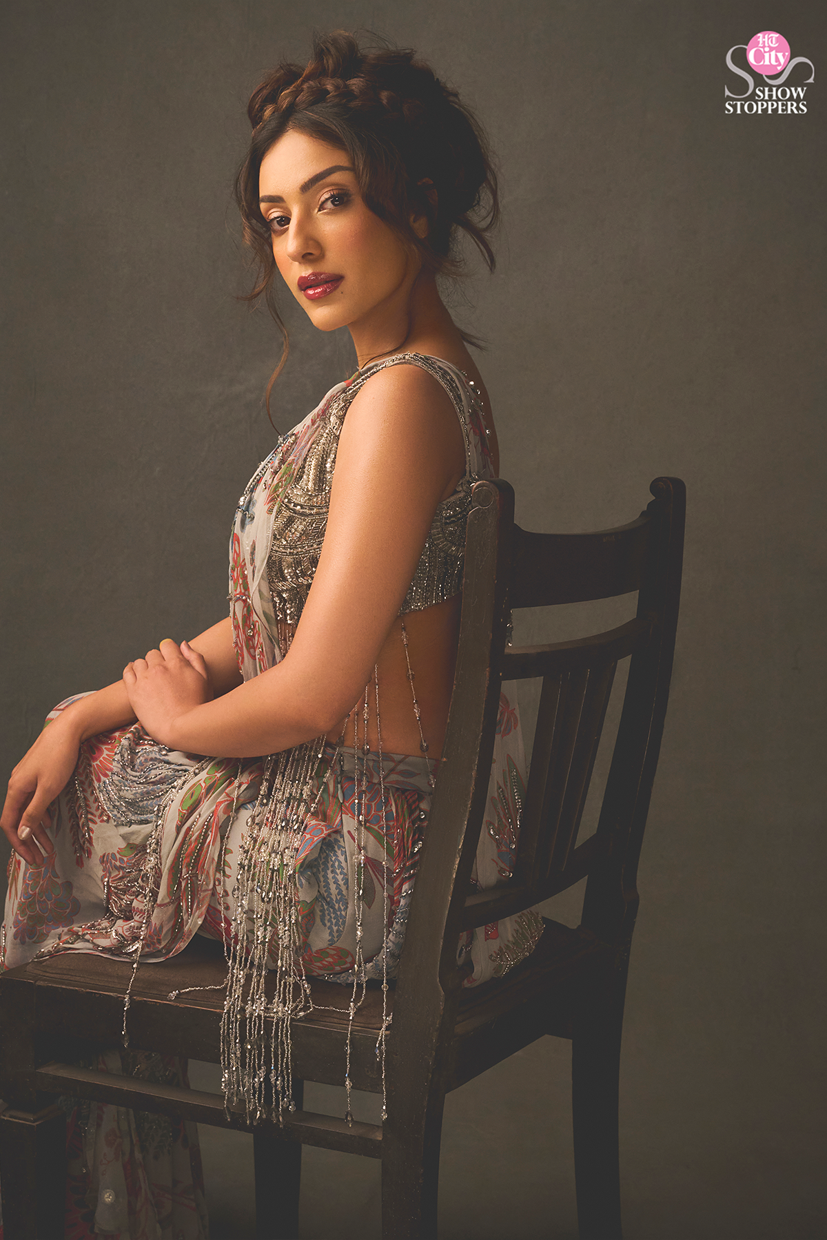 Sahher Bambba in Slate Grey Embroidered Blouse With Dhoti Skirt Saree Set