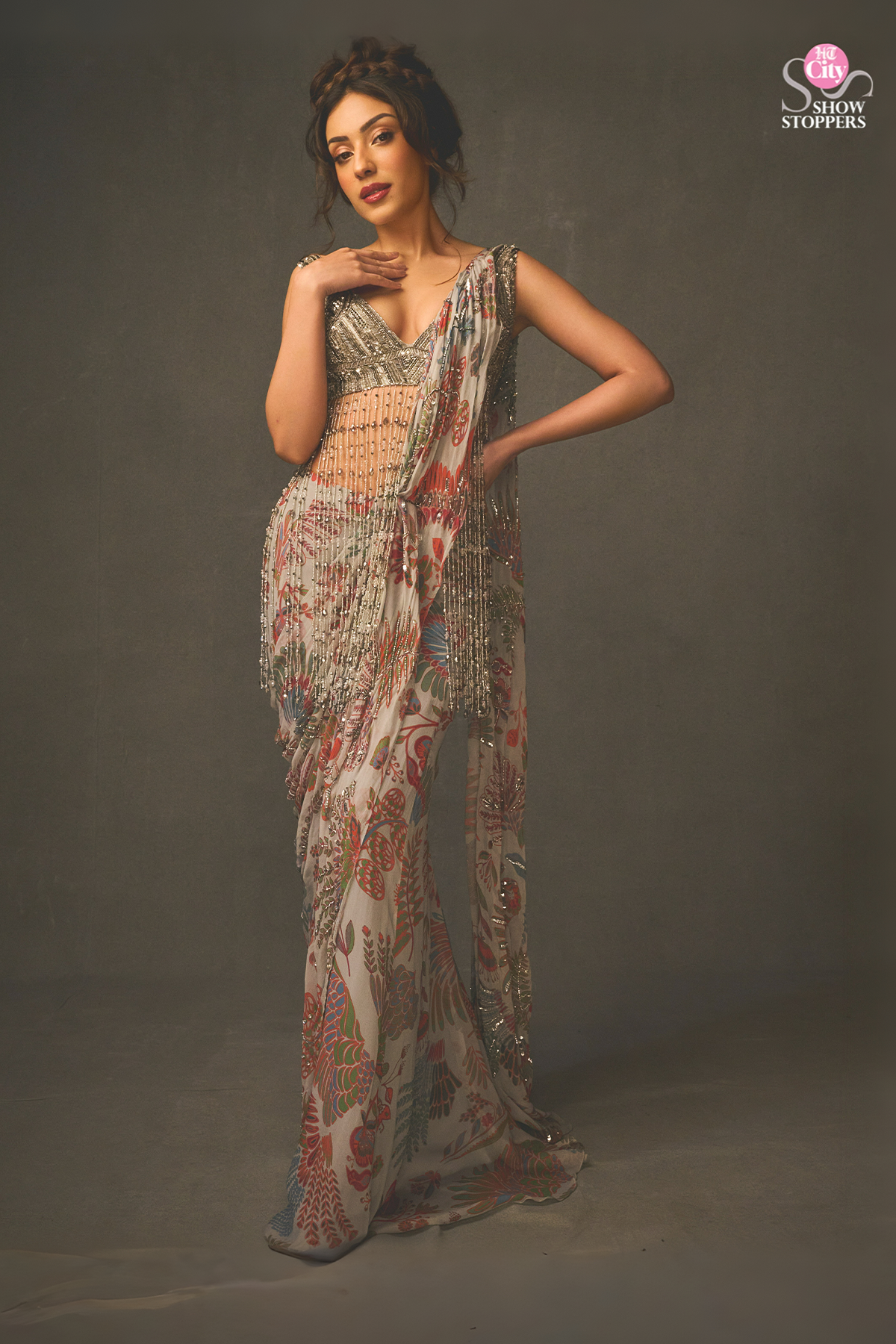 Sahher Bambba in Slate Grey Embroidered Blouse With Dhoti Skirt Saree Set