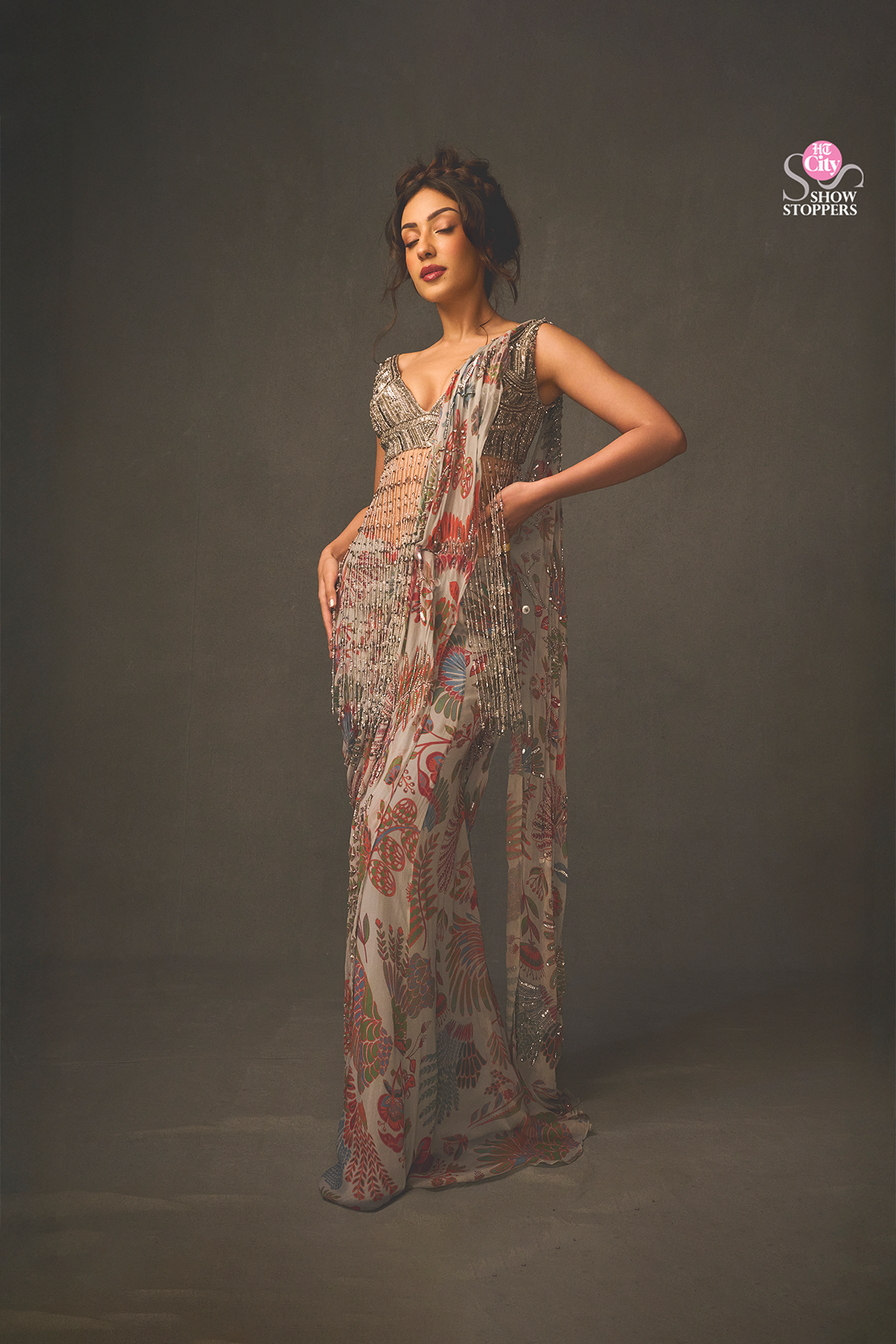 Sahher Bambba in Slate Grey Embroidered Blouse With Dhoti Skirt Saree Set