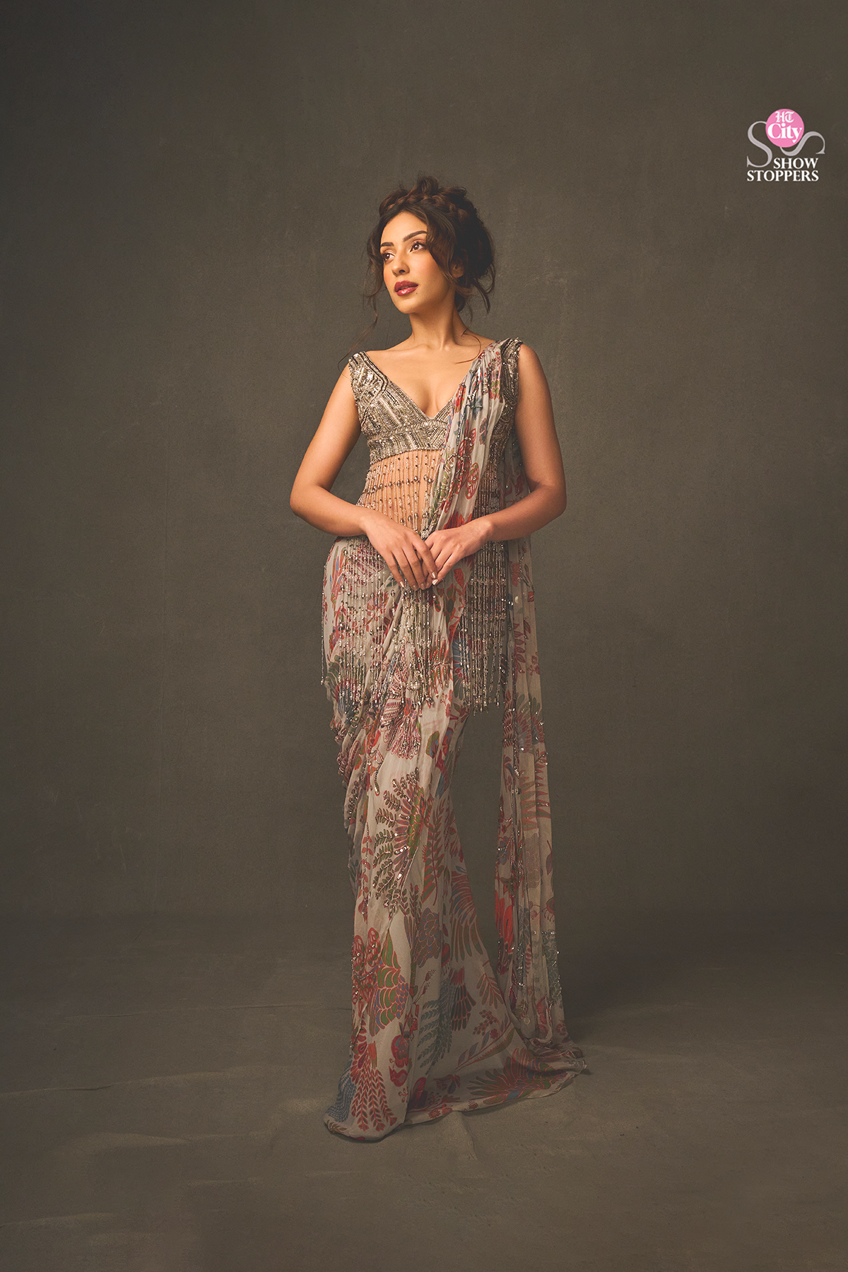 Sahher Bambba in Slate Grey Embroidered Blouse With Dhoti Skirt Saree Set