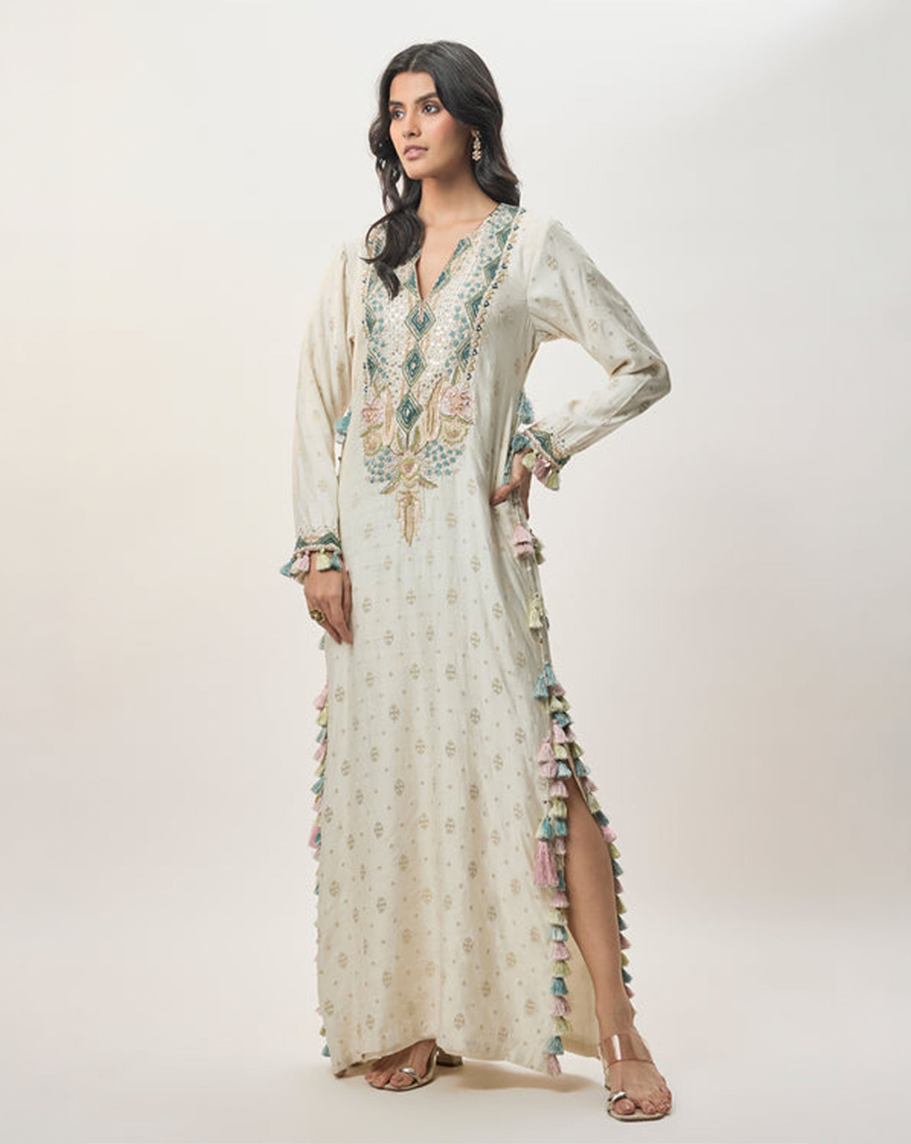 Saira Off-White Chiniya Silk Embroidered Yoke Beyza Kaftan
