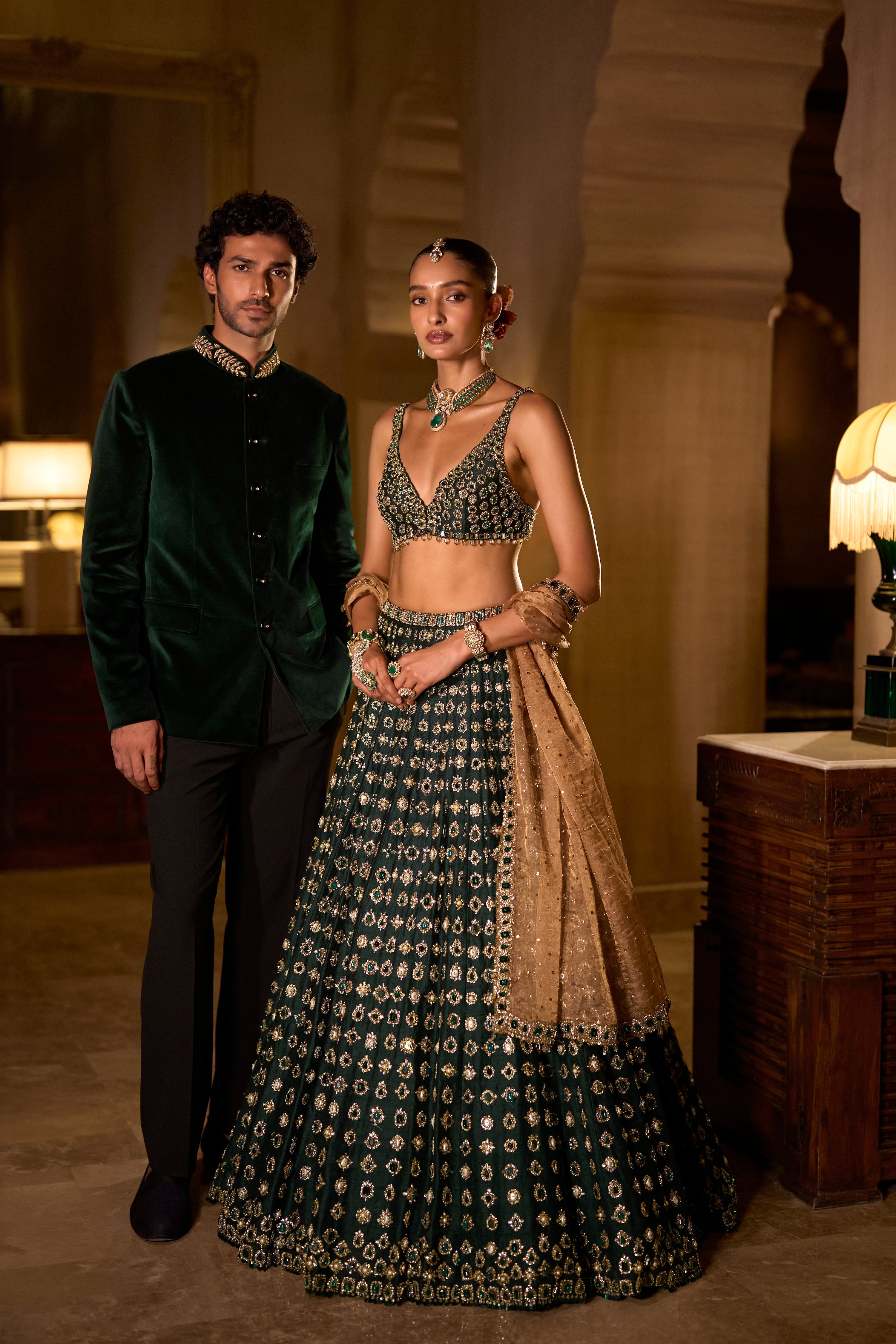 Emerald Green Velvet Bandhgala Set