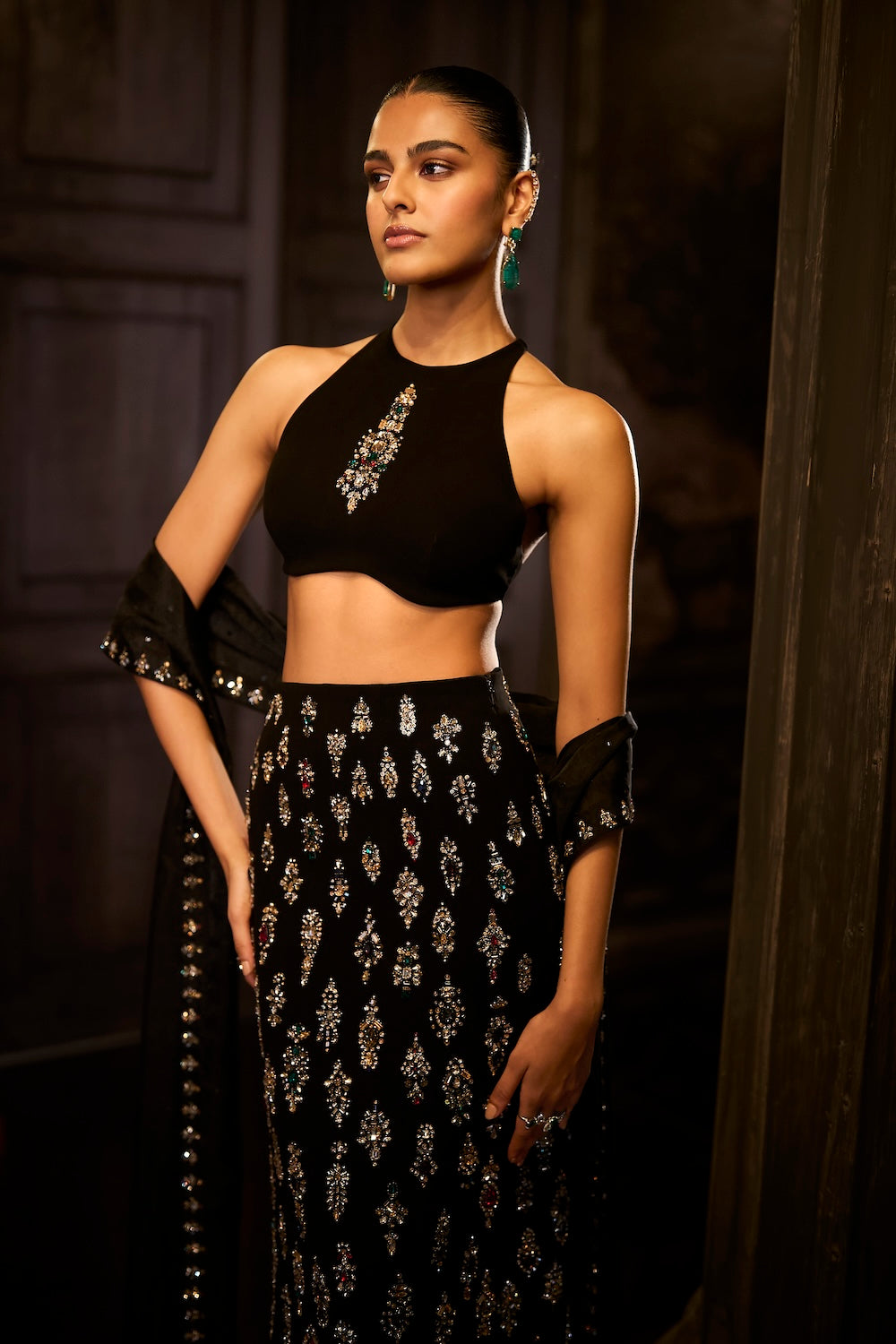 Black Crystal Skirt Set