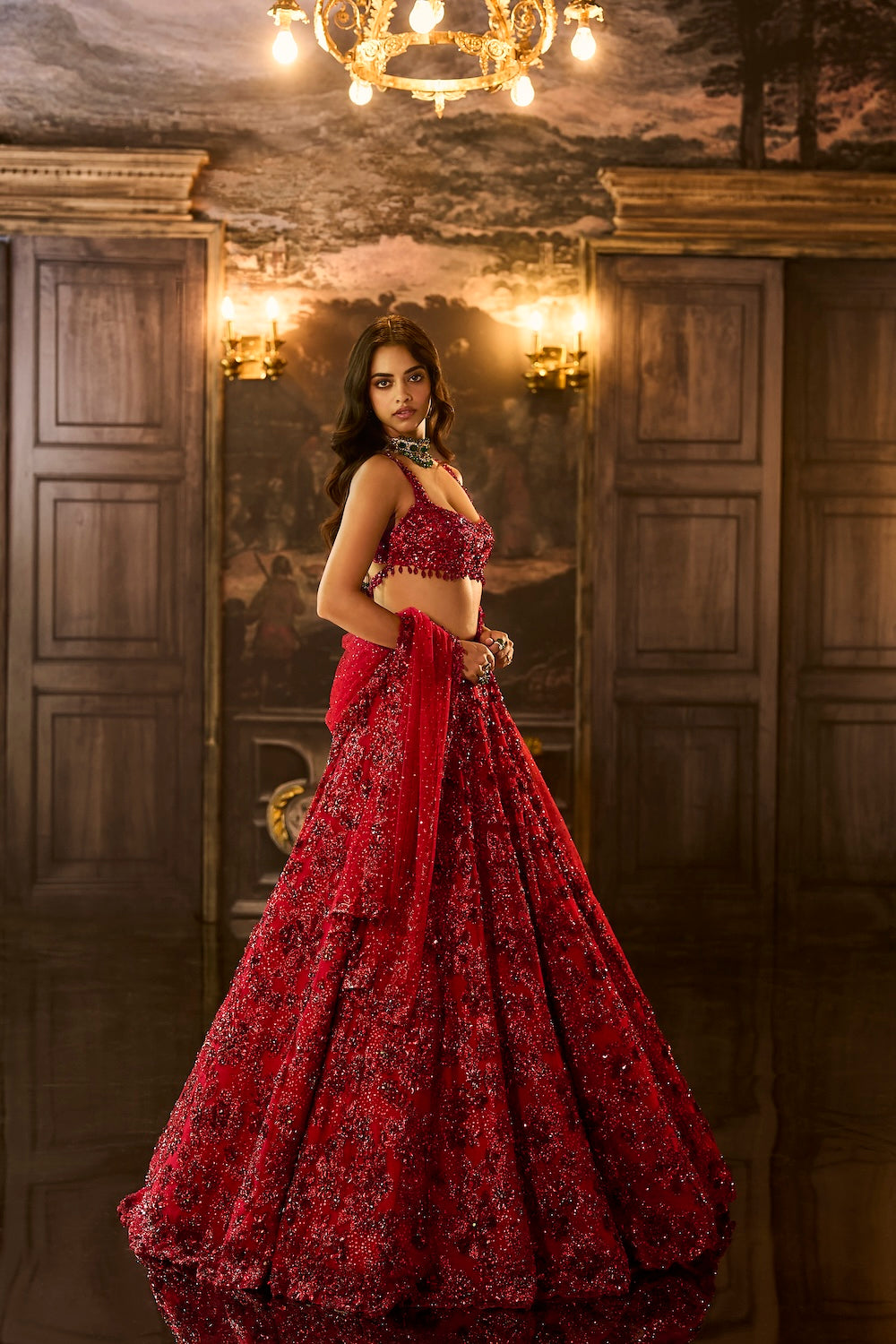 Red Sequin & Crystal Lehenga Set