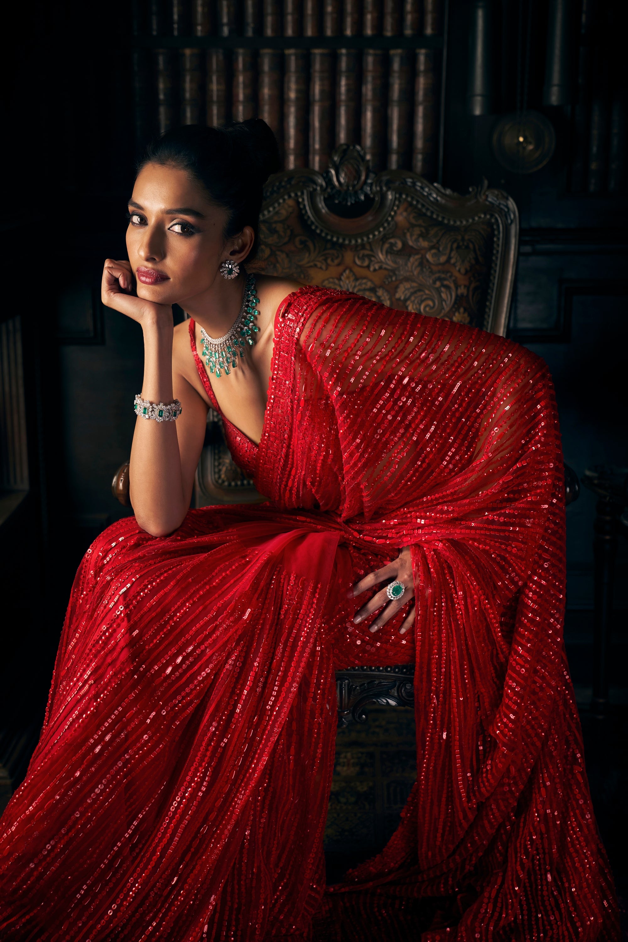 Red Sequin Net Saree