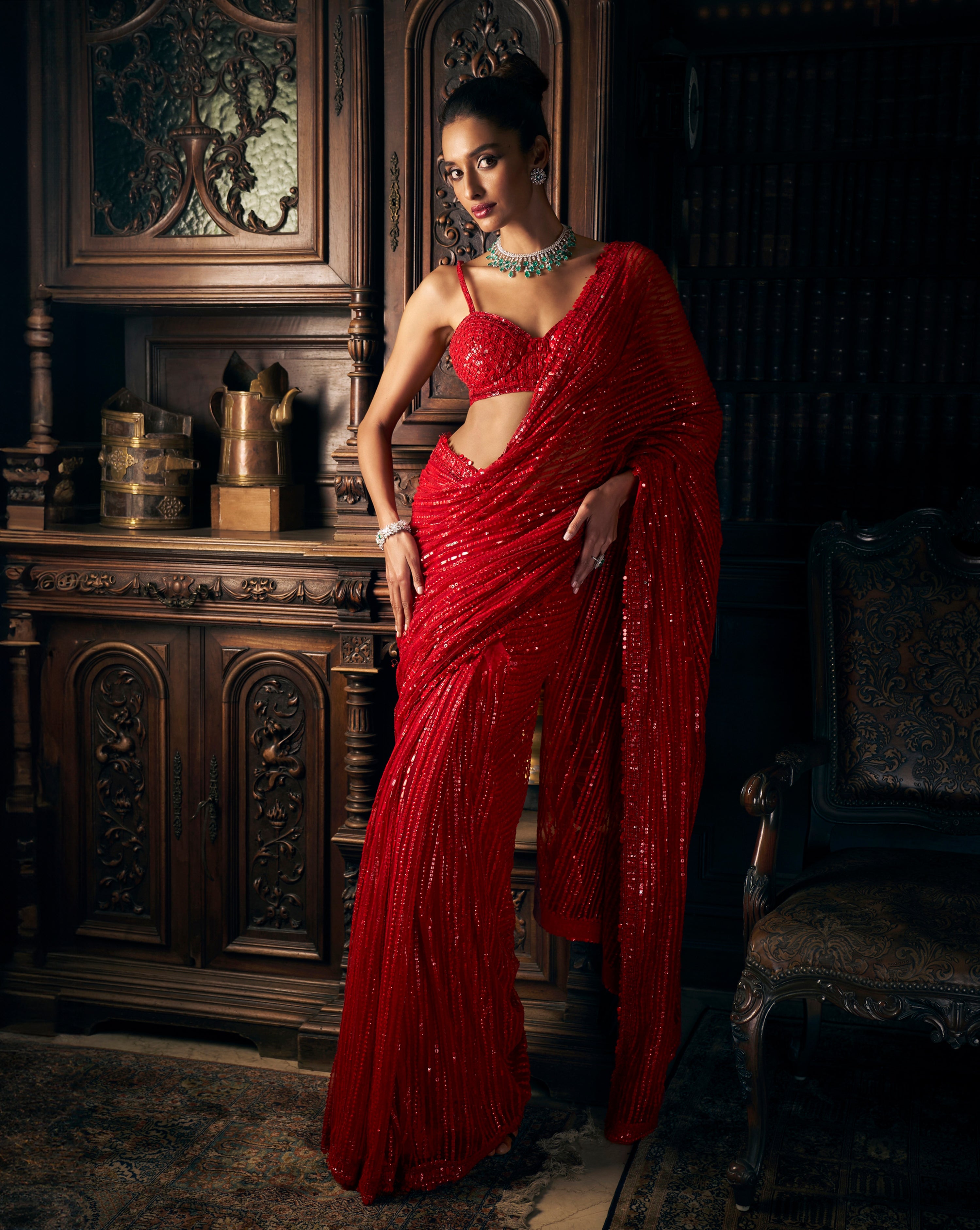 Red Sequin Net Saree