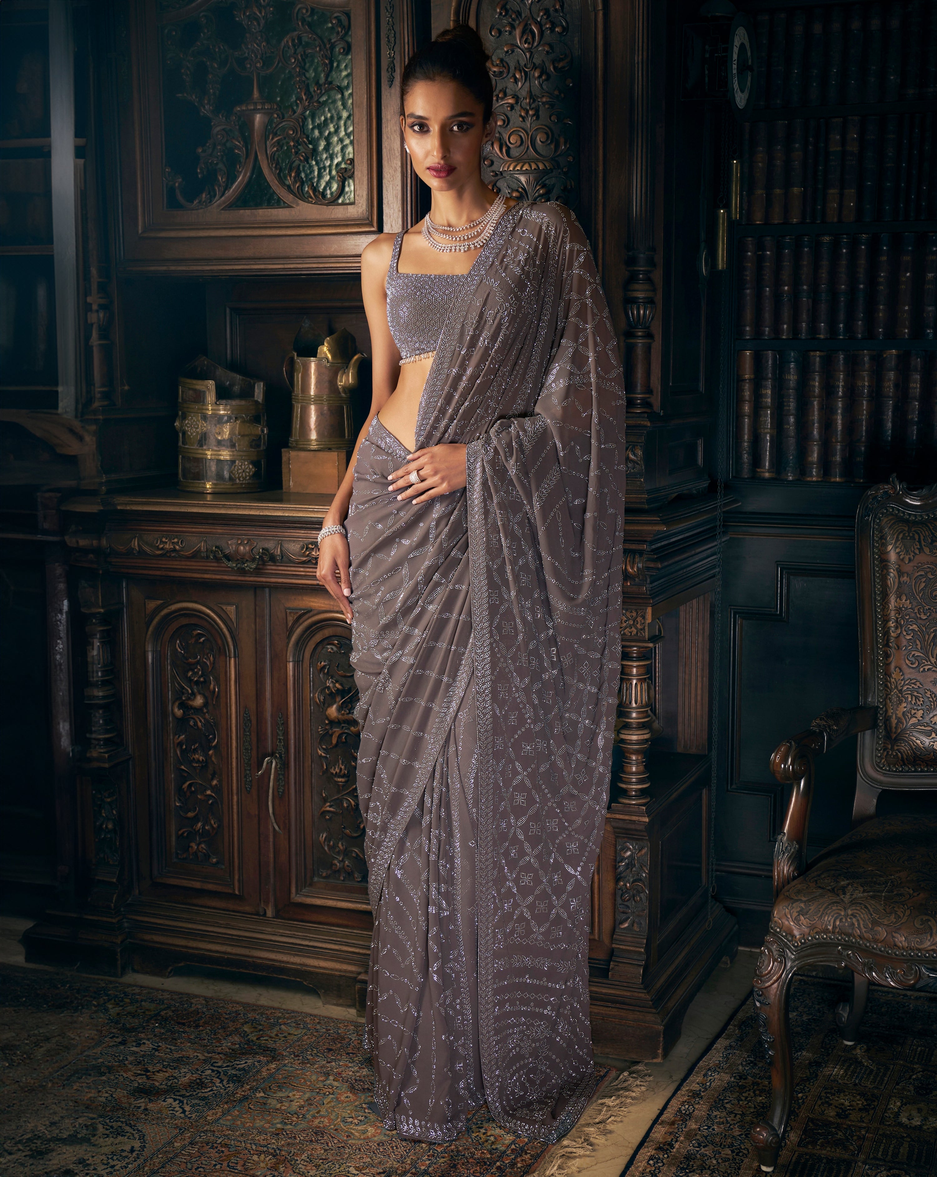 Grey Crystal Saree