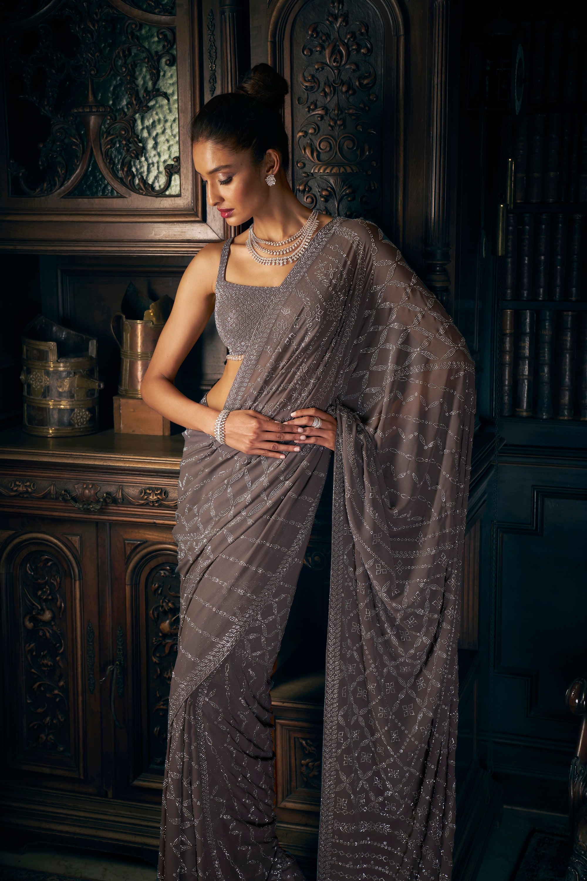 Grey Crystal Saree