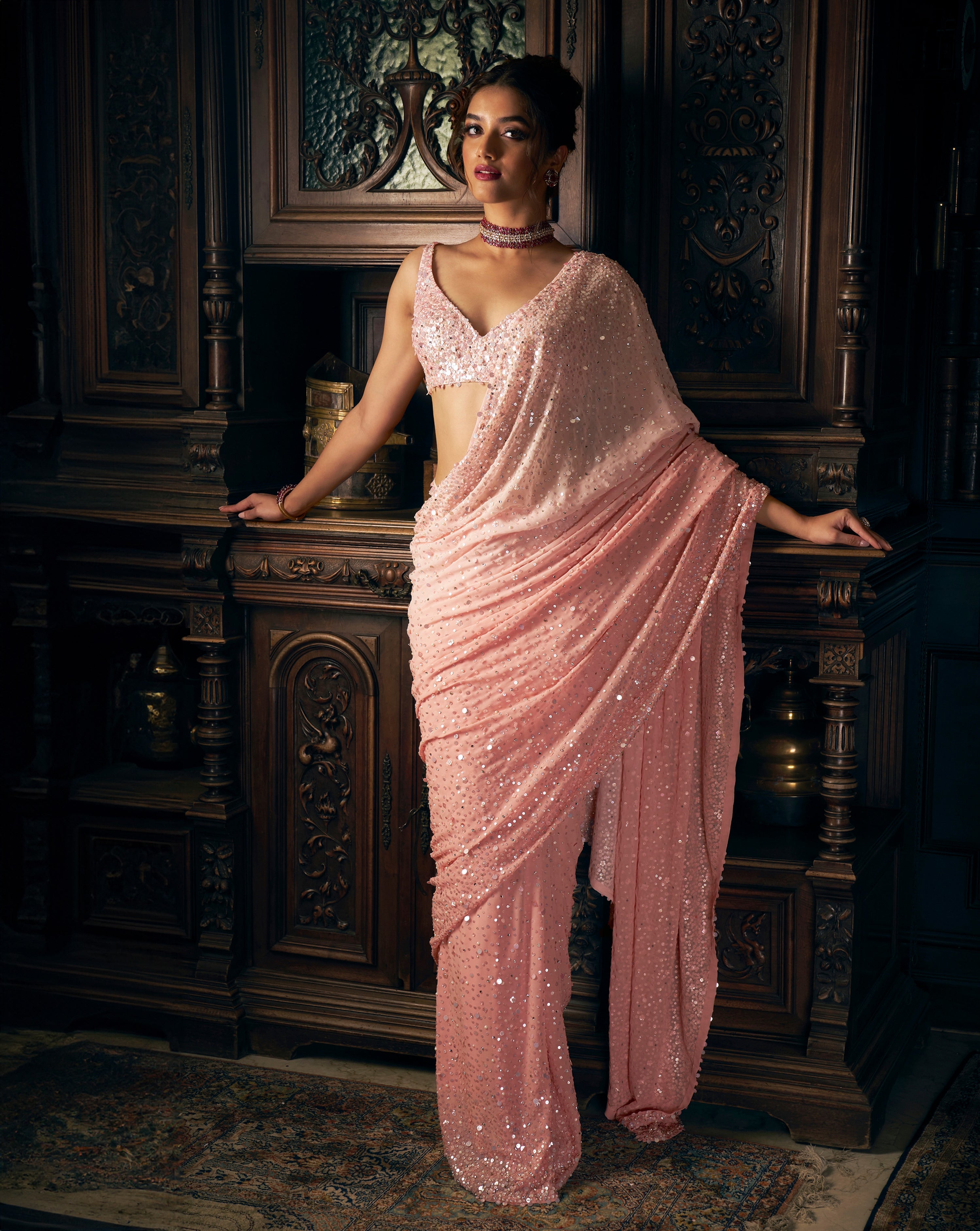 Pink Sequin Georgette Saree Set