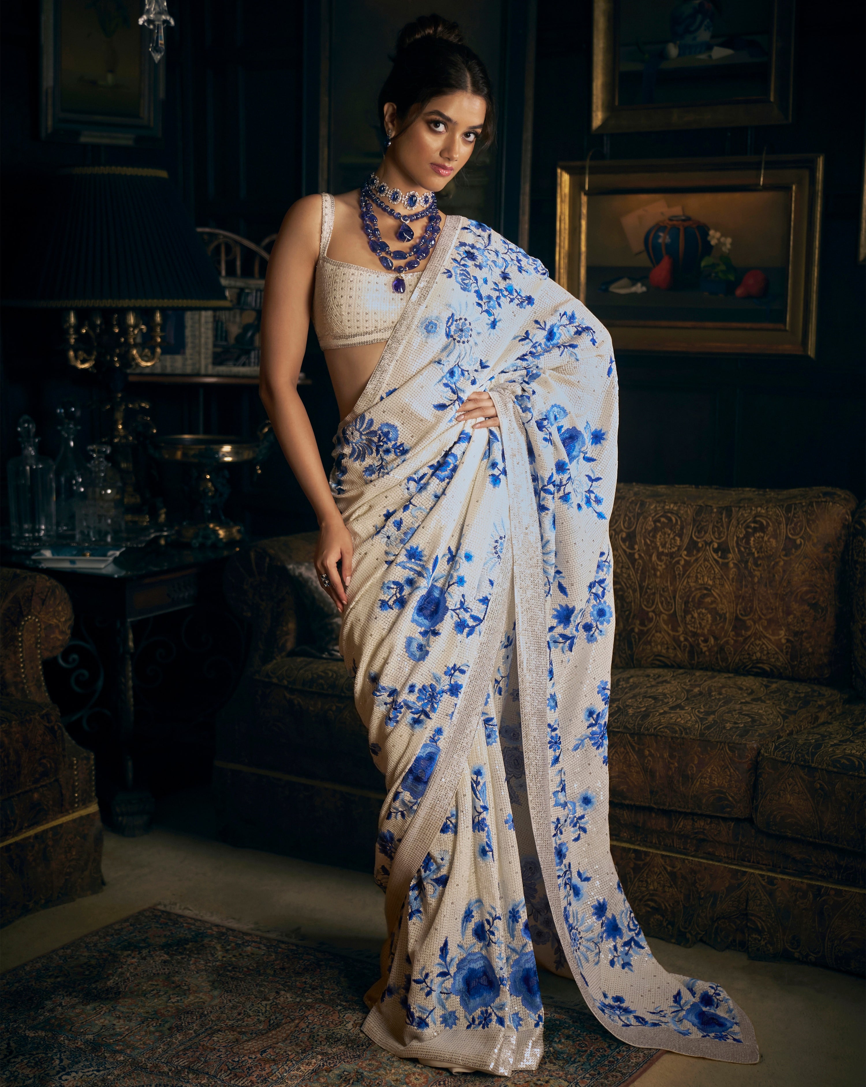 Ivory & Blue Sequin Saree