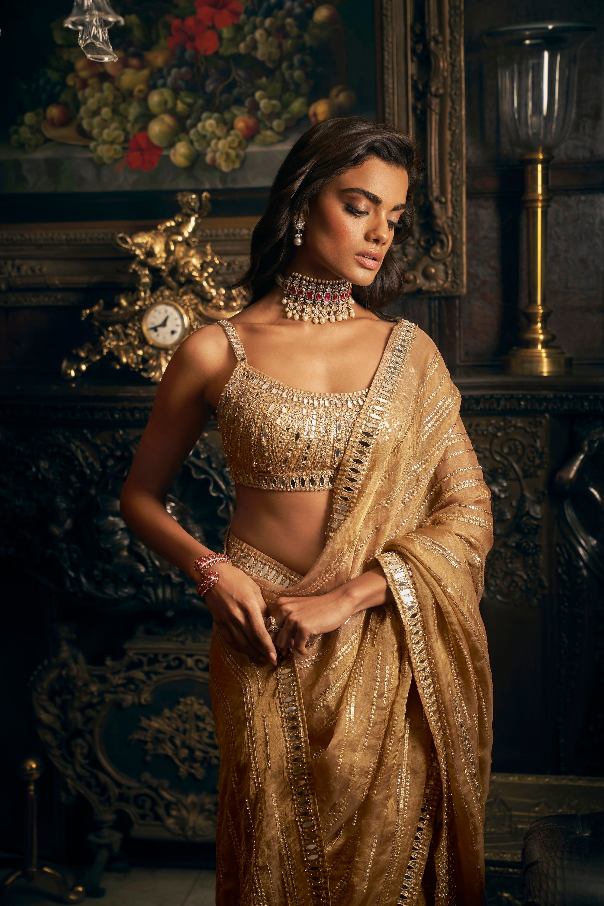 Gold Mirror Work Saree