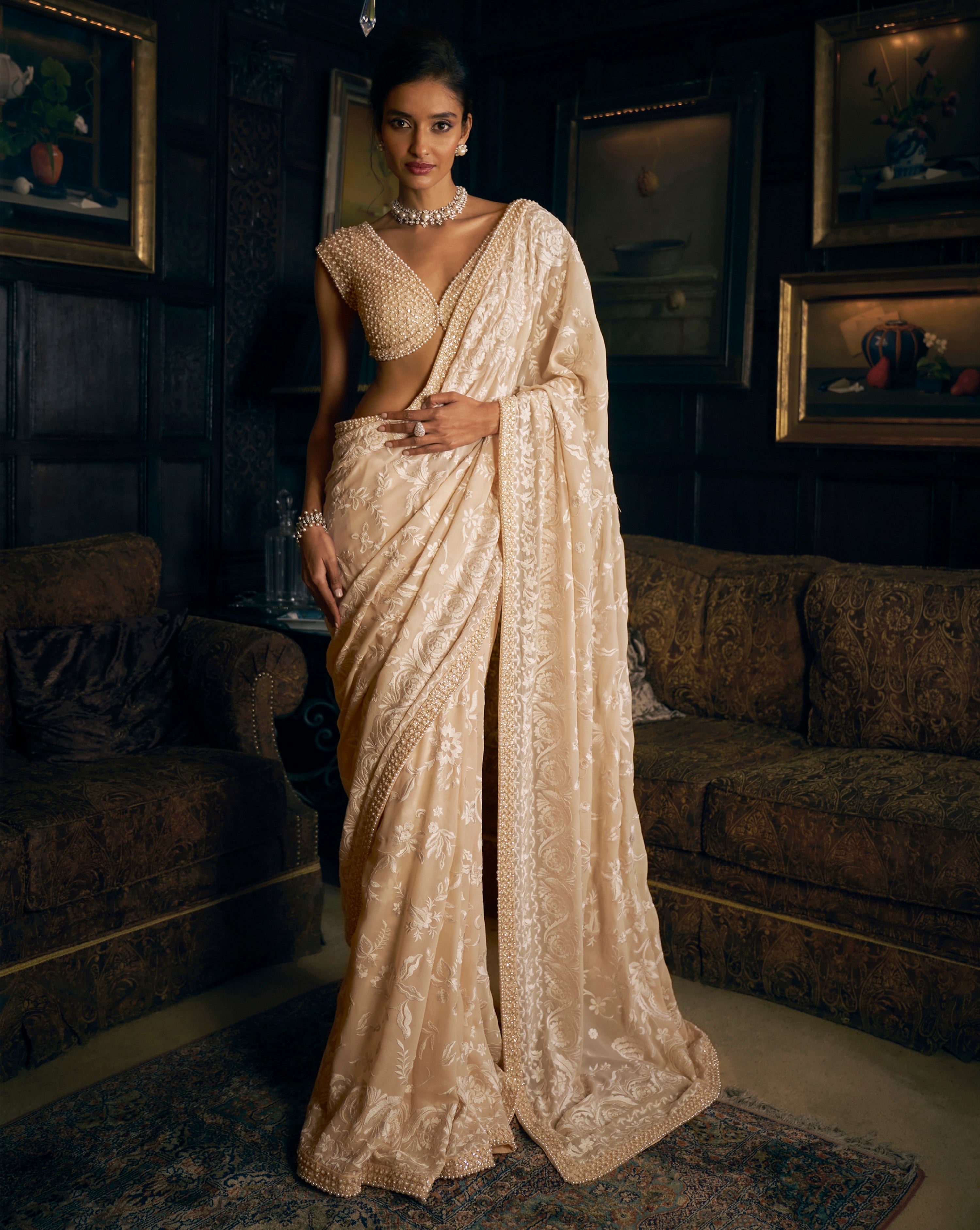 Nude Thread Work Saree