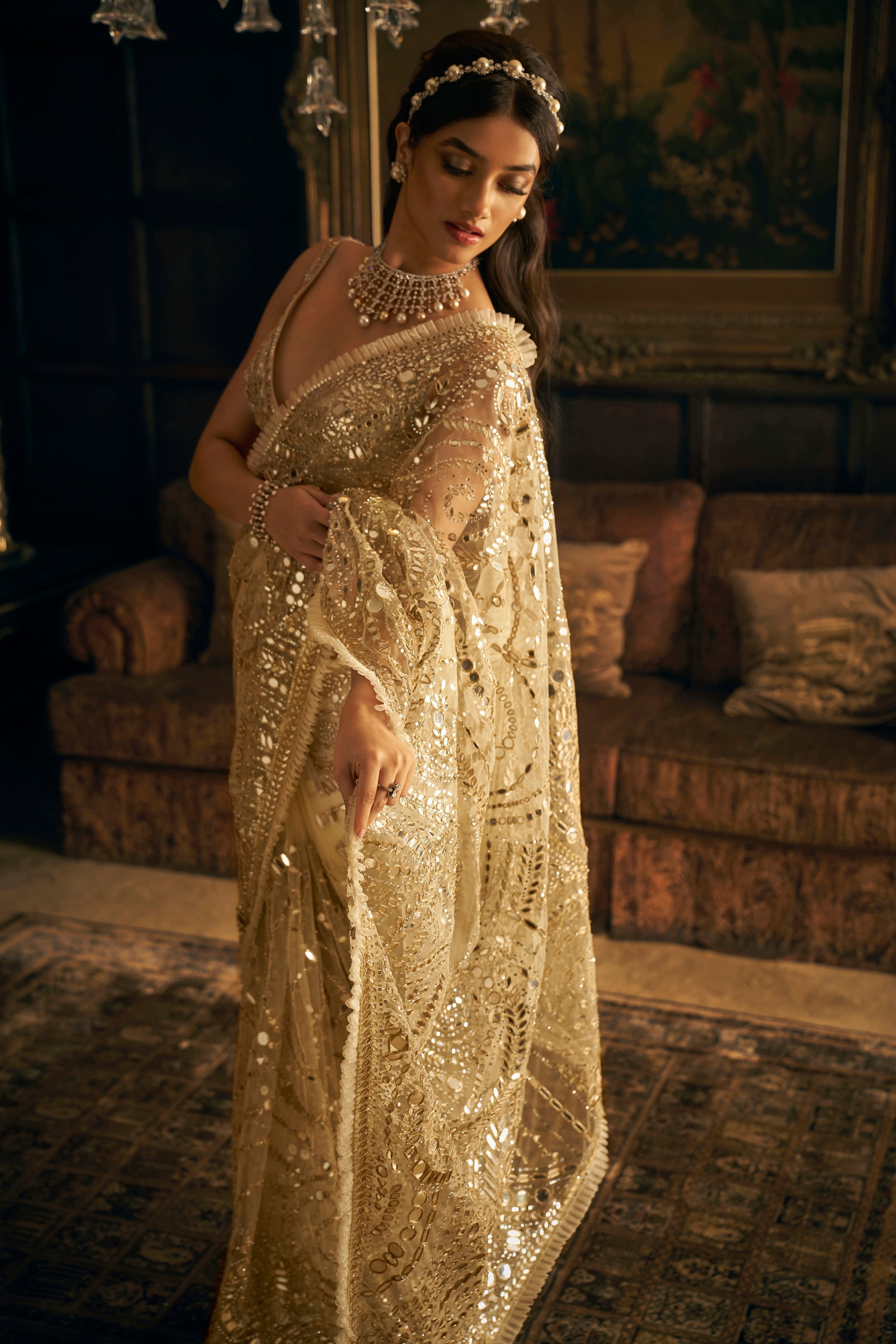 Cream Gold Mirror Work Saree