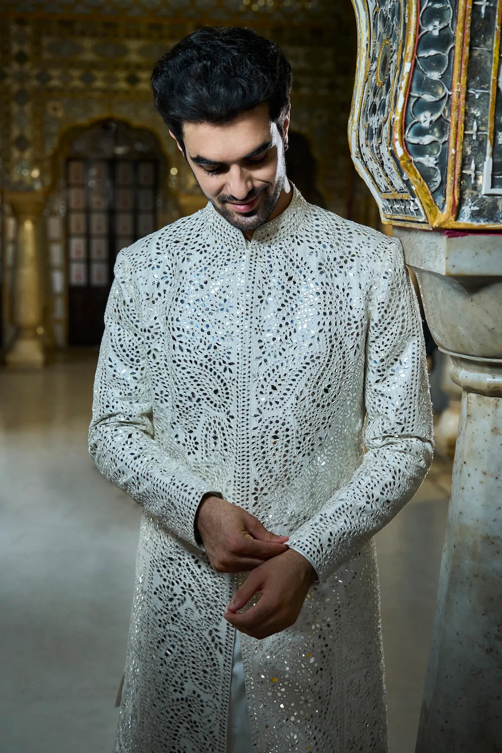 Ivory Mirror Work Sherwani Set