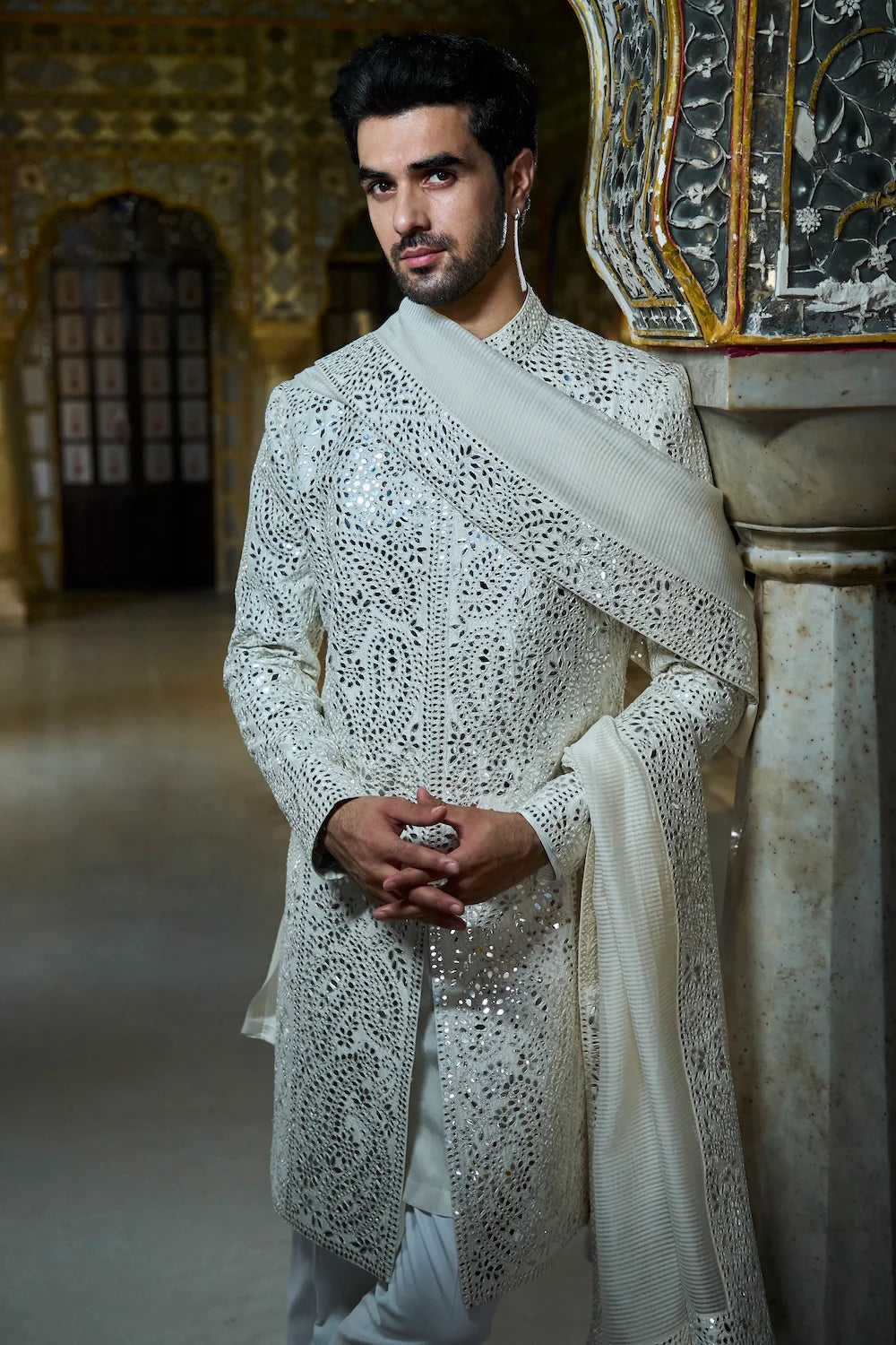 Ivory Mirror Work Sherwani Set