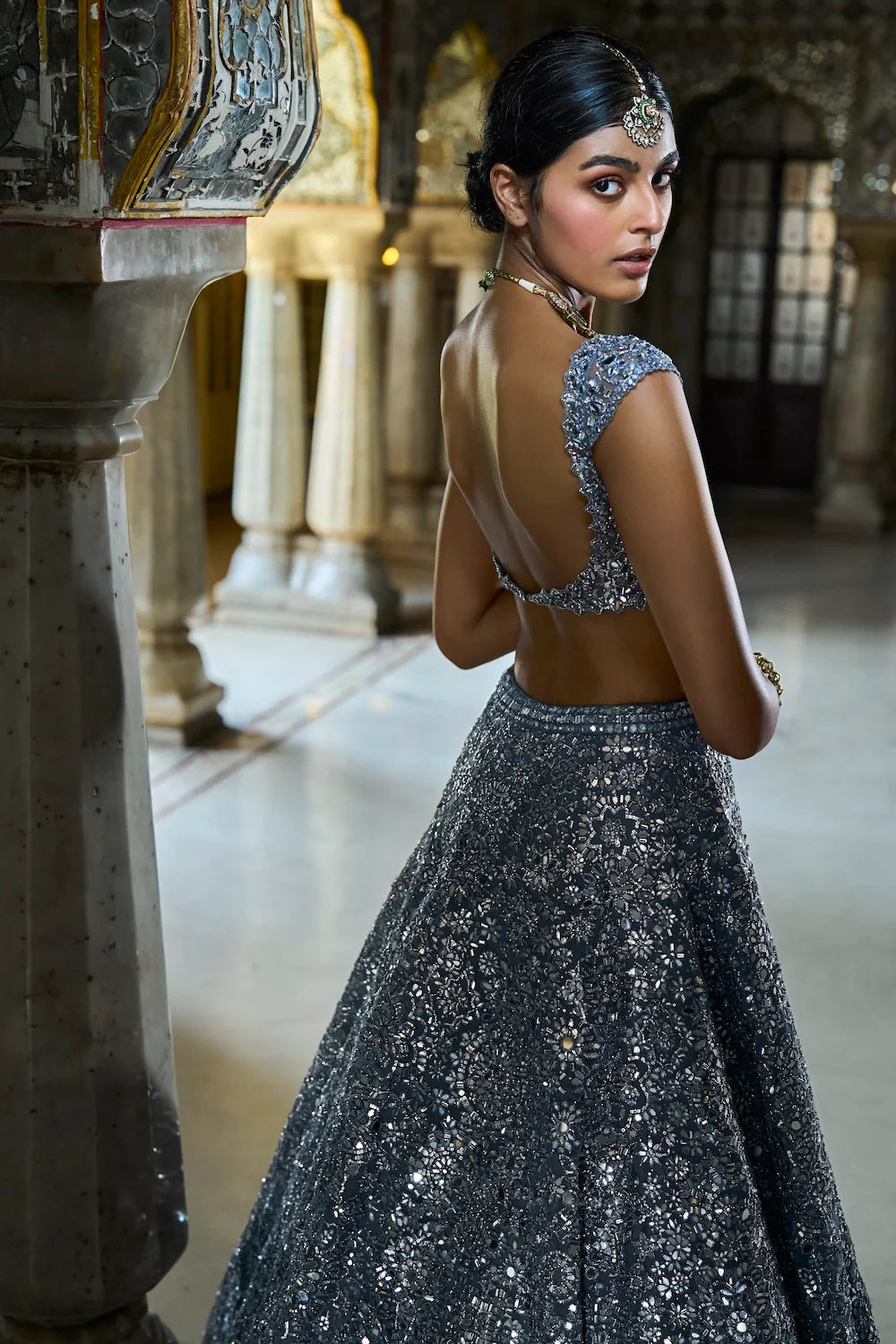 Steel Grey Mirror Work Lehenga Set