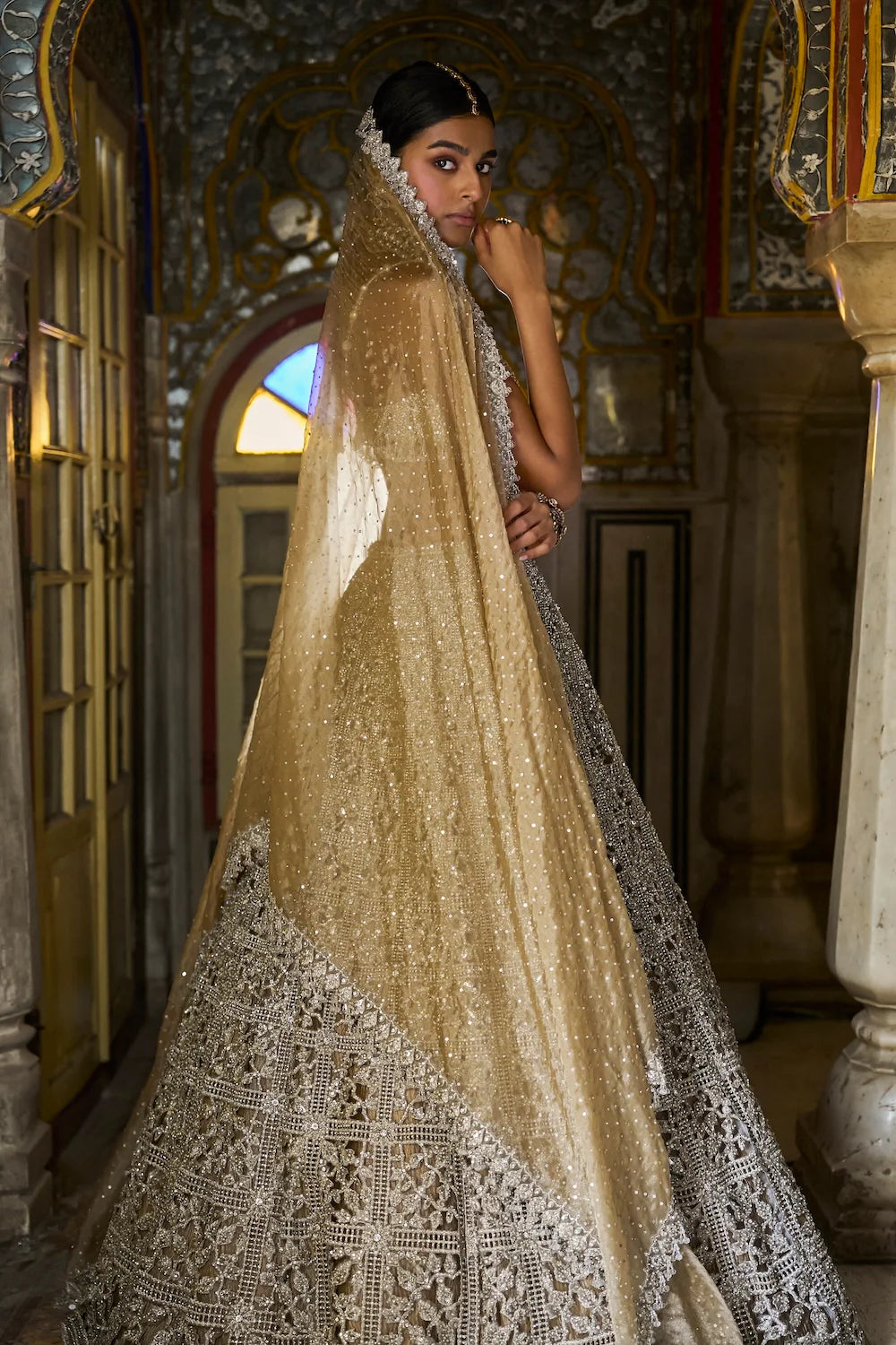 Silver Geometric Cut Work Lehenga