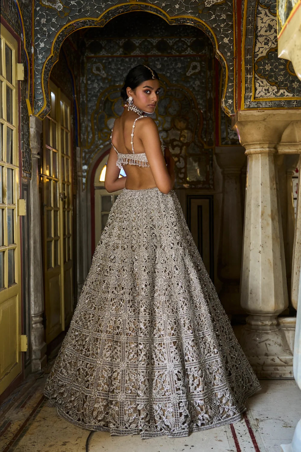 Silver Geometric Cut Work Lehenga