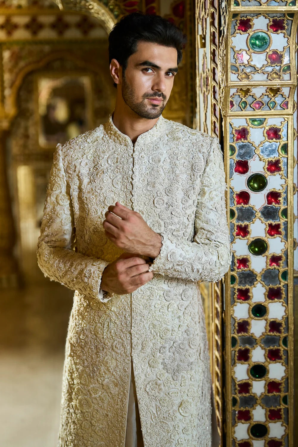 Vintage Ivory Three Dimensional Sherwani Set