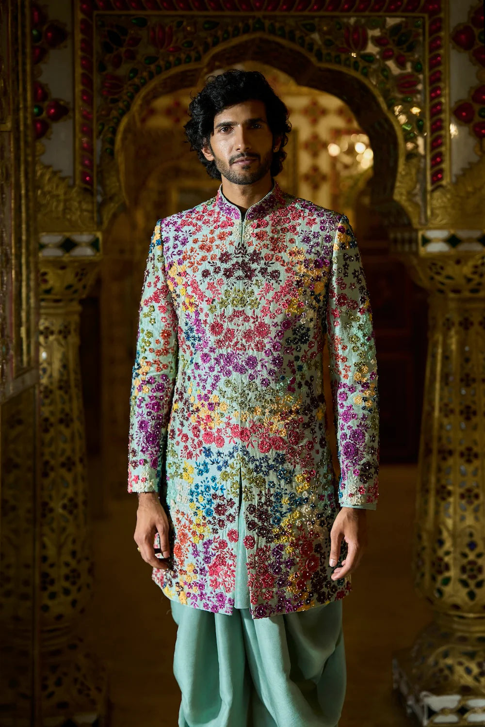 Sage Green Multi Coloured Three Dimensional Sherwani Set