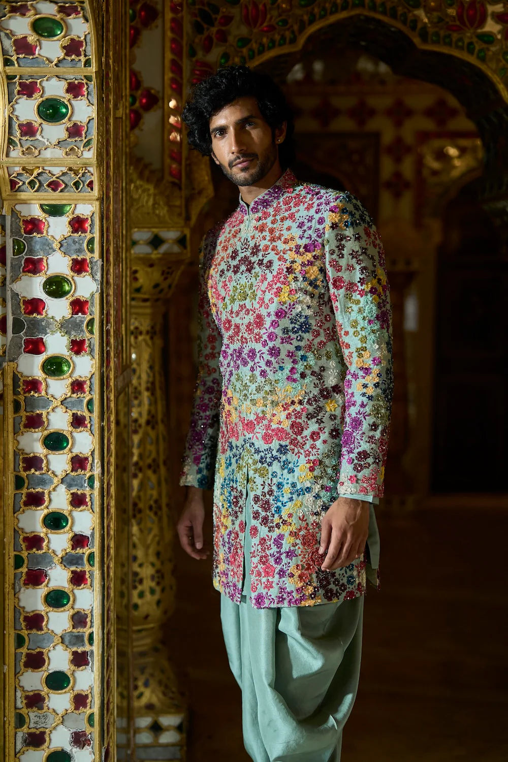 Sage Green Multi Coloured Three Dimensional Sherwani Set