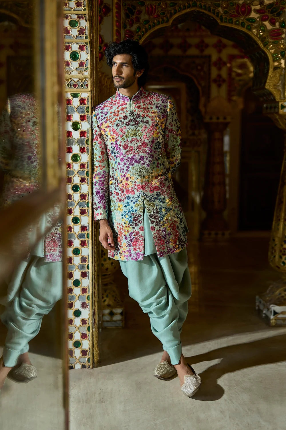 Sage Green Multi Coloured Three Dimensional Sherwani Set