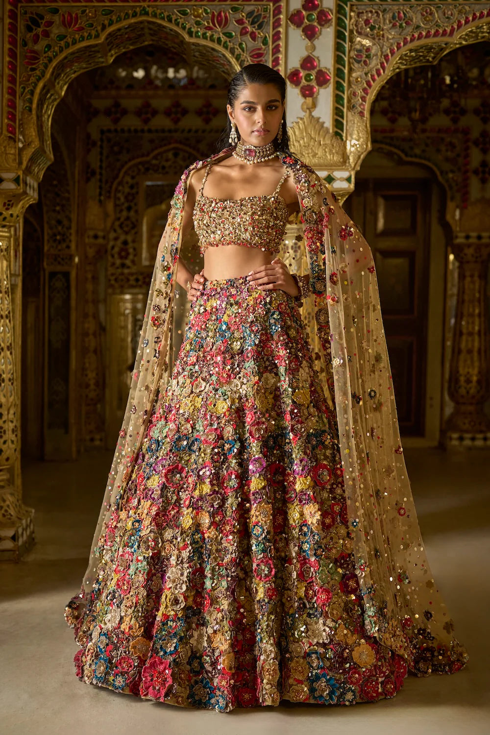 Multi Coloured Three Dimensional Floral Lehenga Set