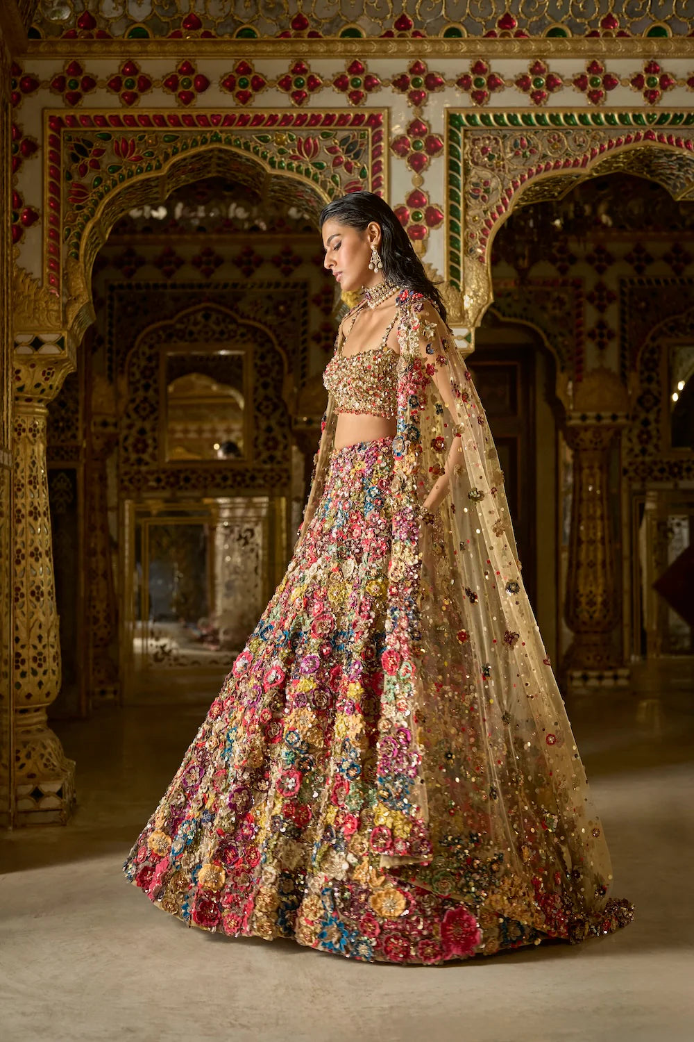 Multi Coloured Three Dimensional Floral Lehenga Set