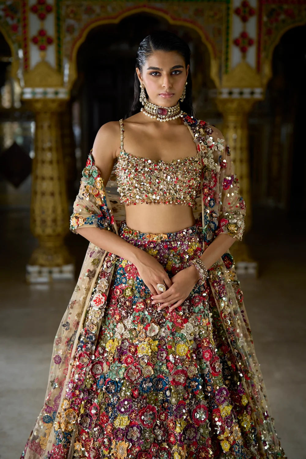 Multi Coloured Three Dimensional Floral Lehenga Set