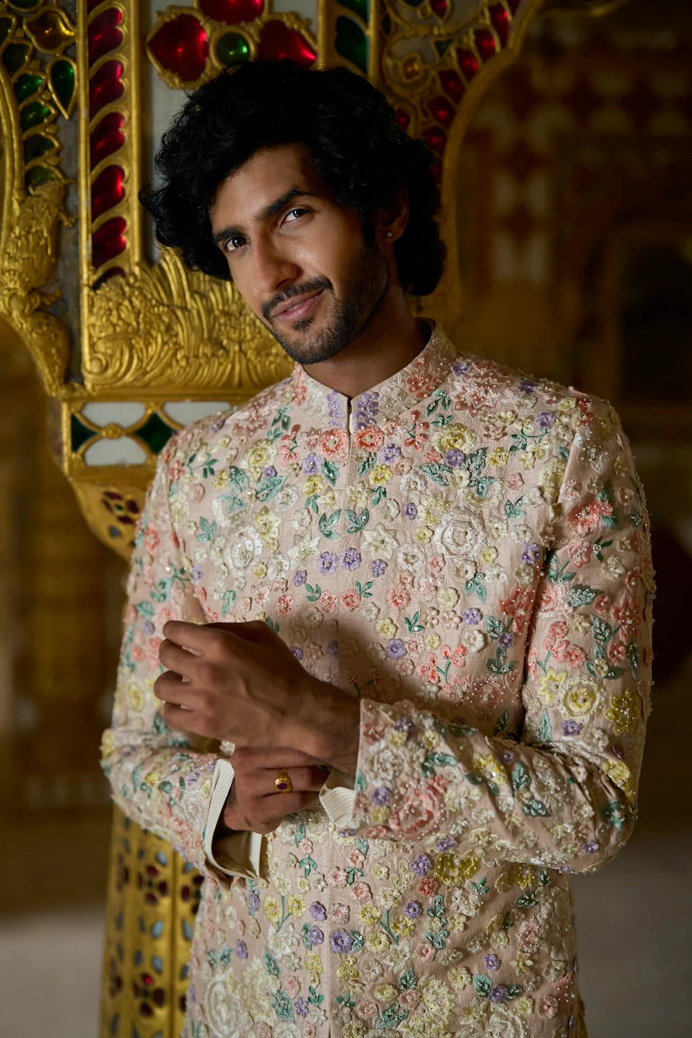 Cream Multi Coloured Three Dimensional Sherwani Set