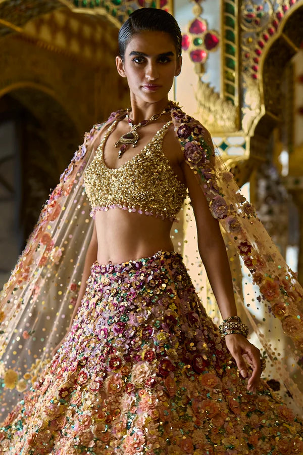 Ombre Multi Coloured Three Dimensional Floral Lehenga Set