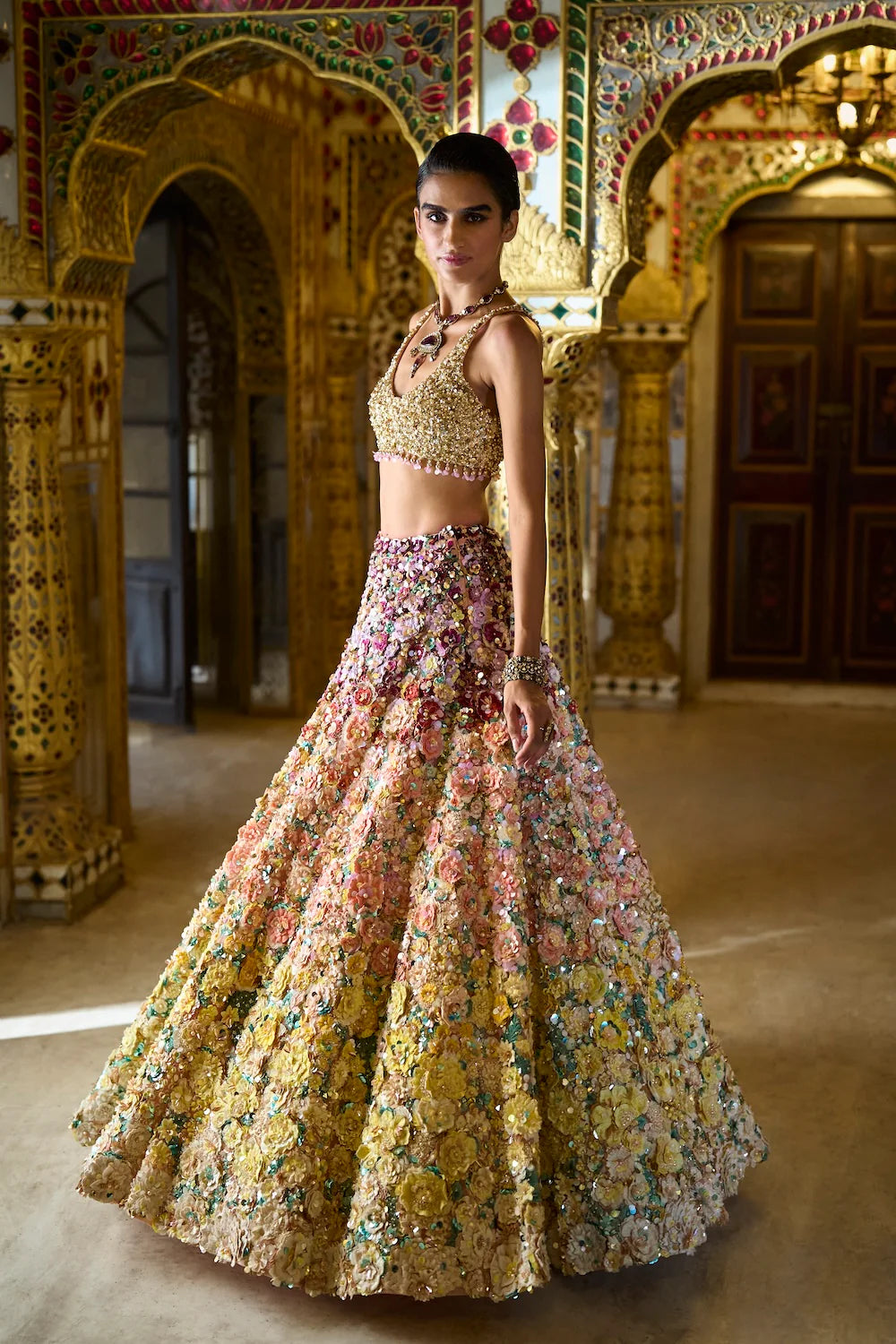 Ombre Multi Coloured Three Dimensional Floral Lehenga Set