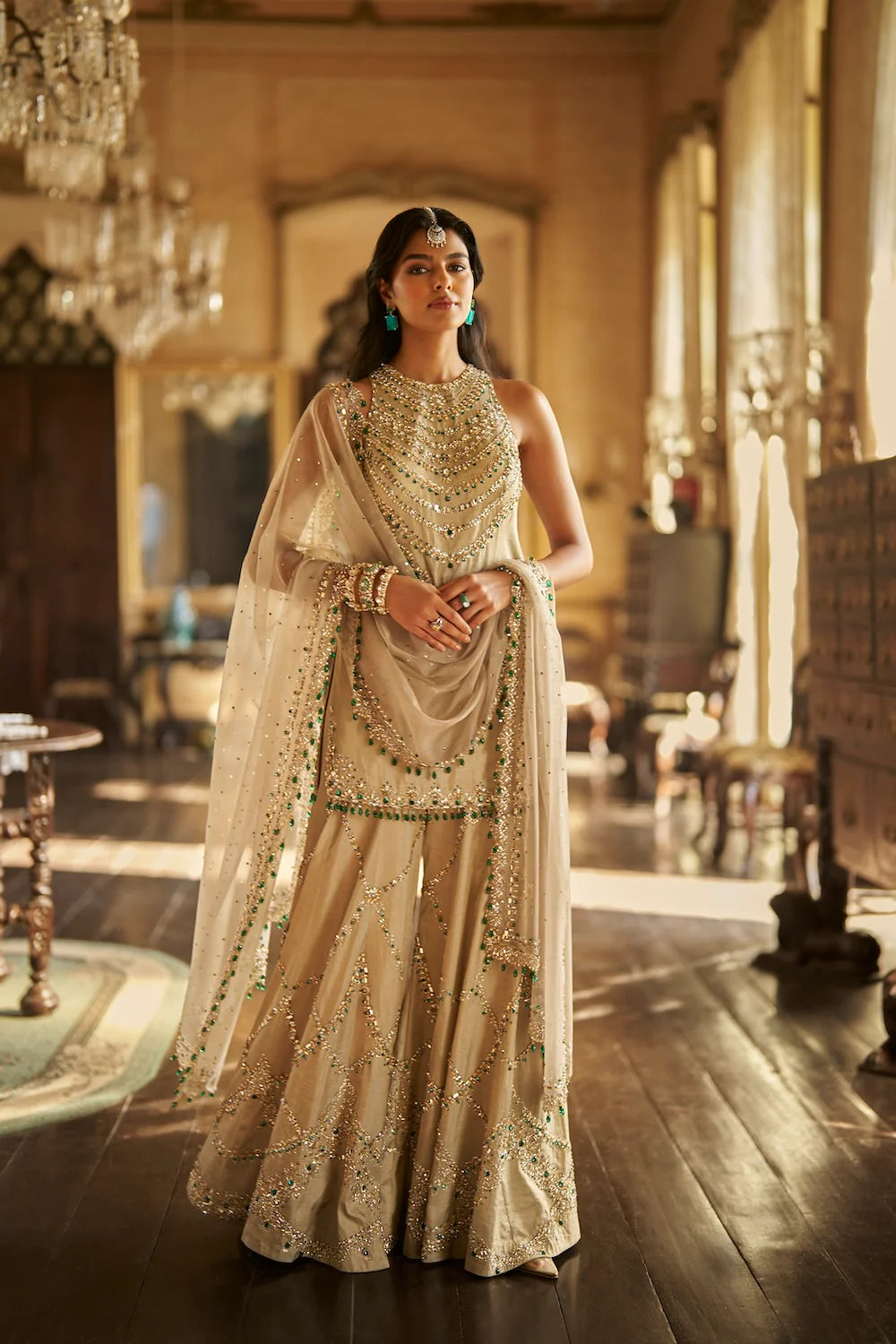 Champagne Emerald Crystal Sharara Set