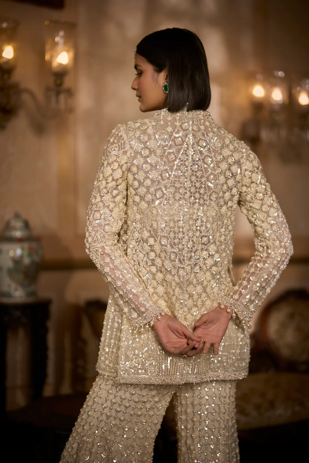 Cream Open Jacket Sharara - Pant Set