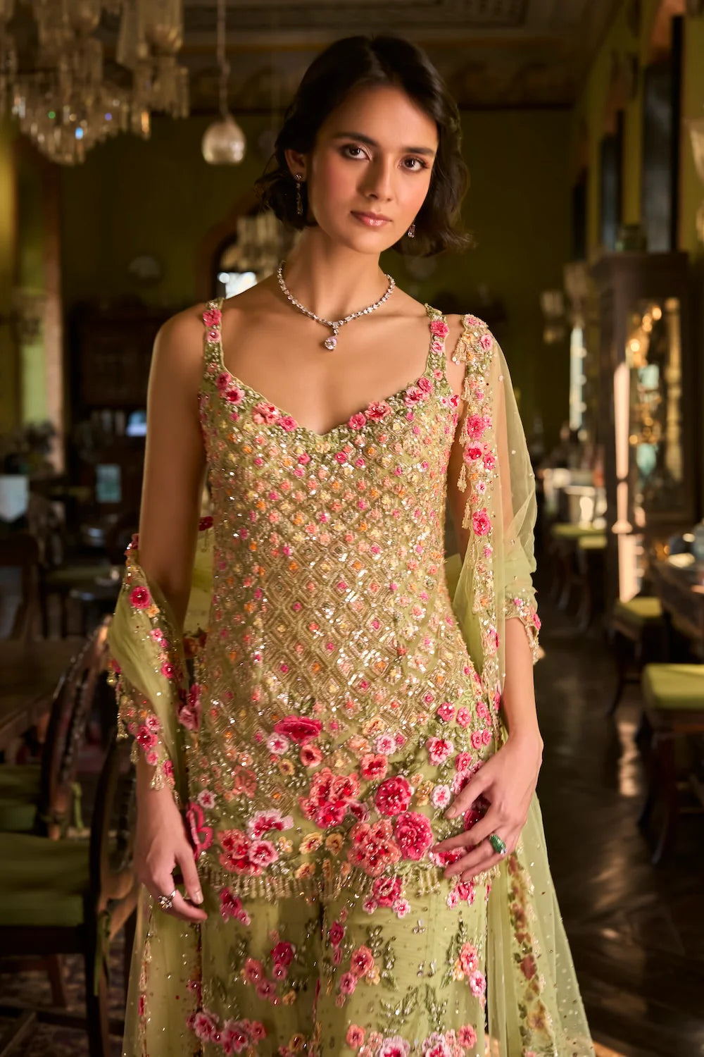 Leaf Green Three-Dimensional Sharara Set