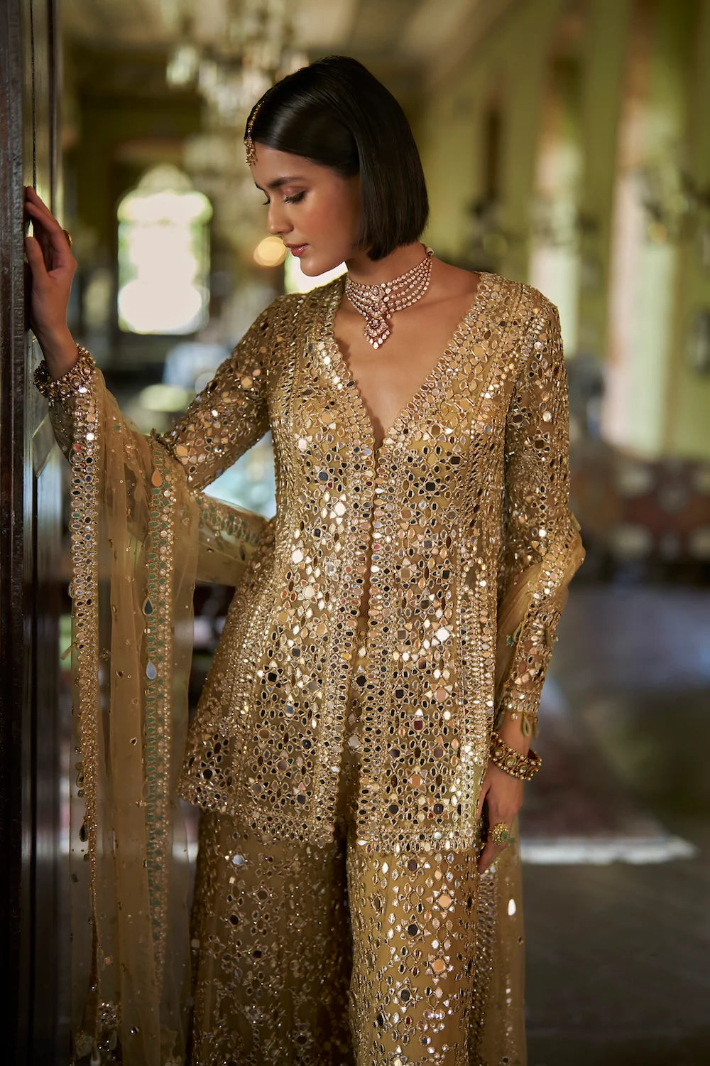 Gold Mirror Work Sharara Set