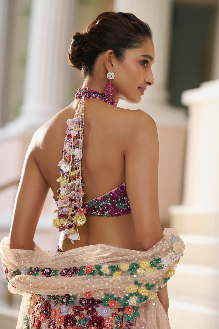 Ombre Multi-Coloured Three-Dimensional Floral Sharara Set