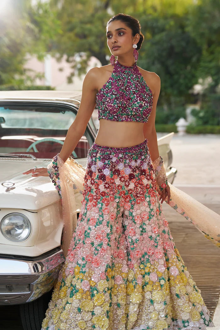 Ombre Multi-Coloured Three-Dimensional Floral Sharara Set