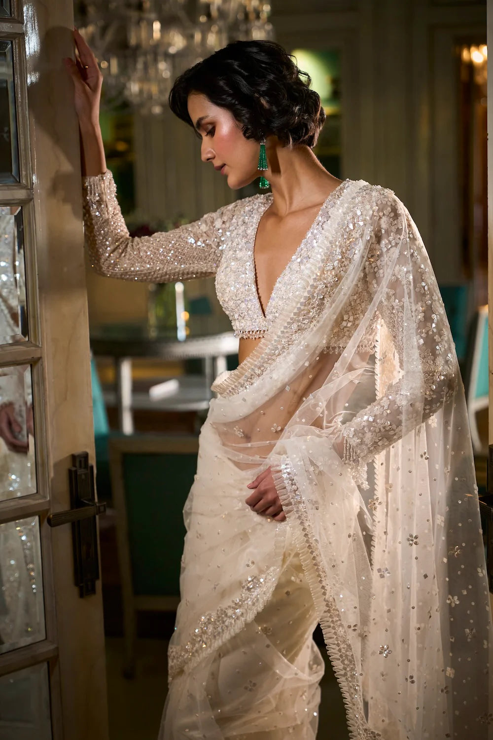 sequin dress saree Beige Crepe Silk Velvet Saree