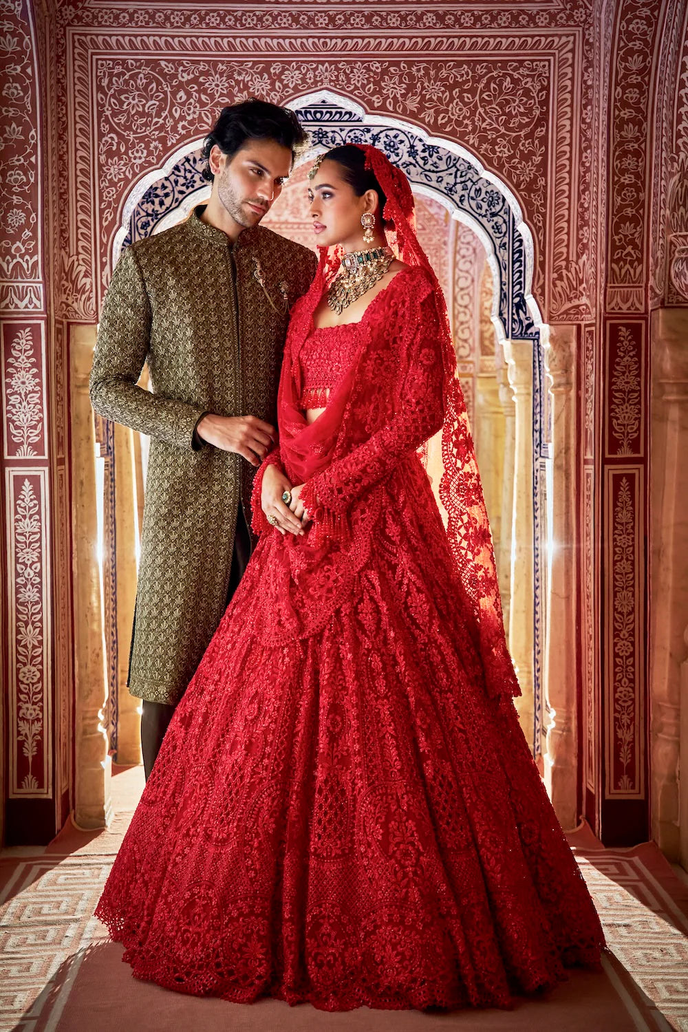 Olive Green Thread Sequin Sherwani Set