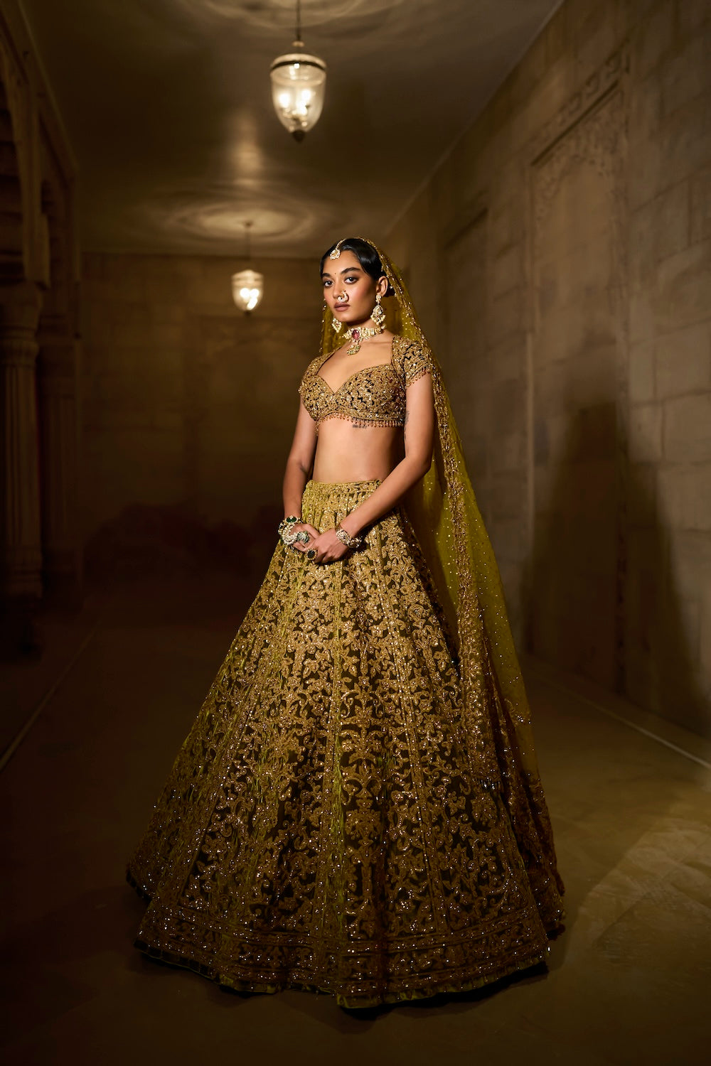 Green Velvet Zardosi Lehenga Set