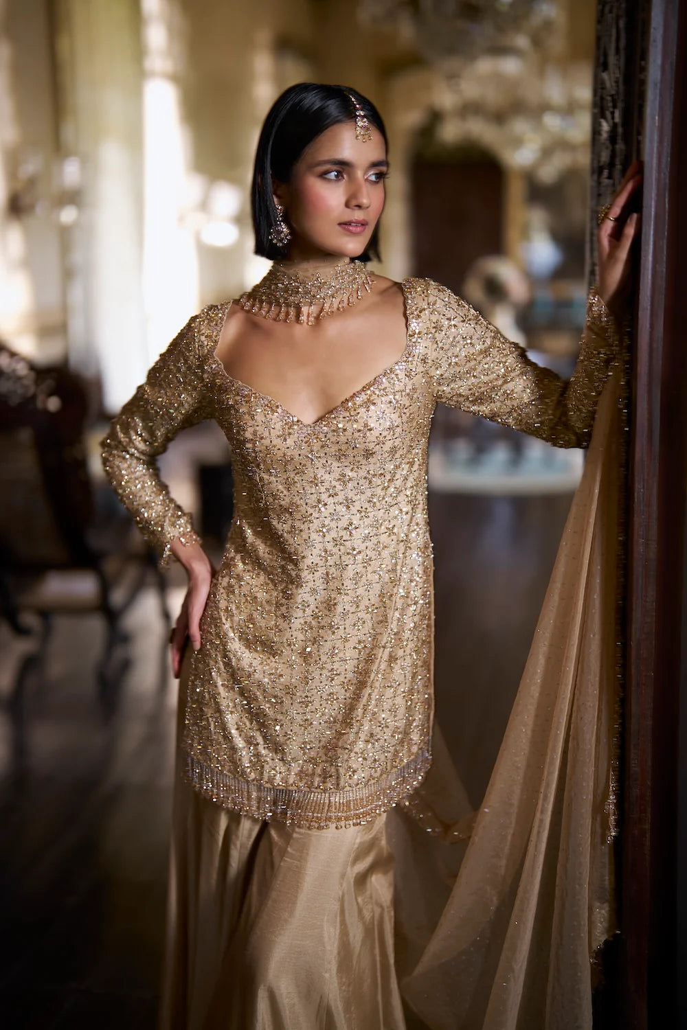 Gold Crystal Sharara Set