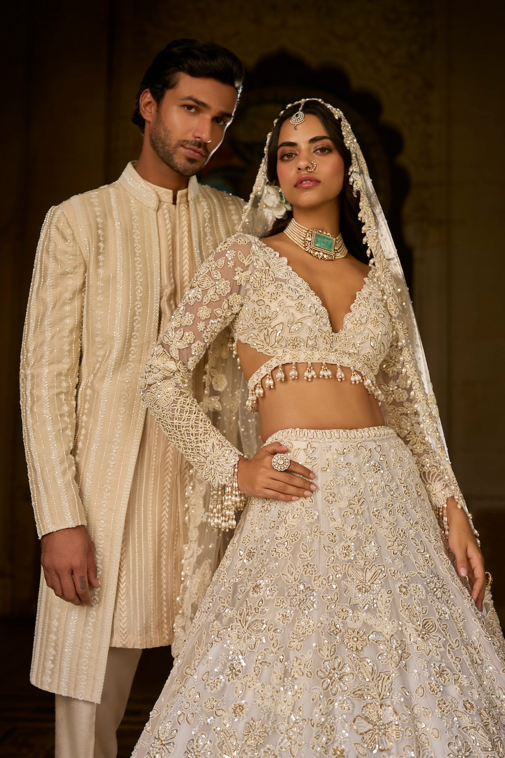 Beige Pearl Open Sherwani Set